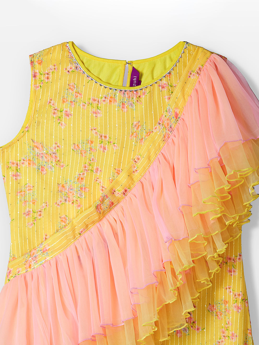 Multicolored-Base-Yellow Round Sleeveless Embellished Short-Sleeve Regular-Length Kurta Set