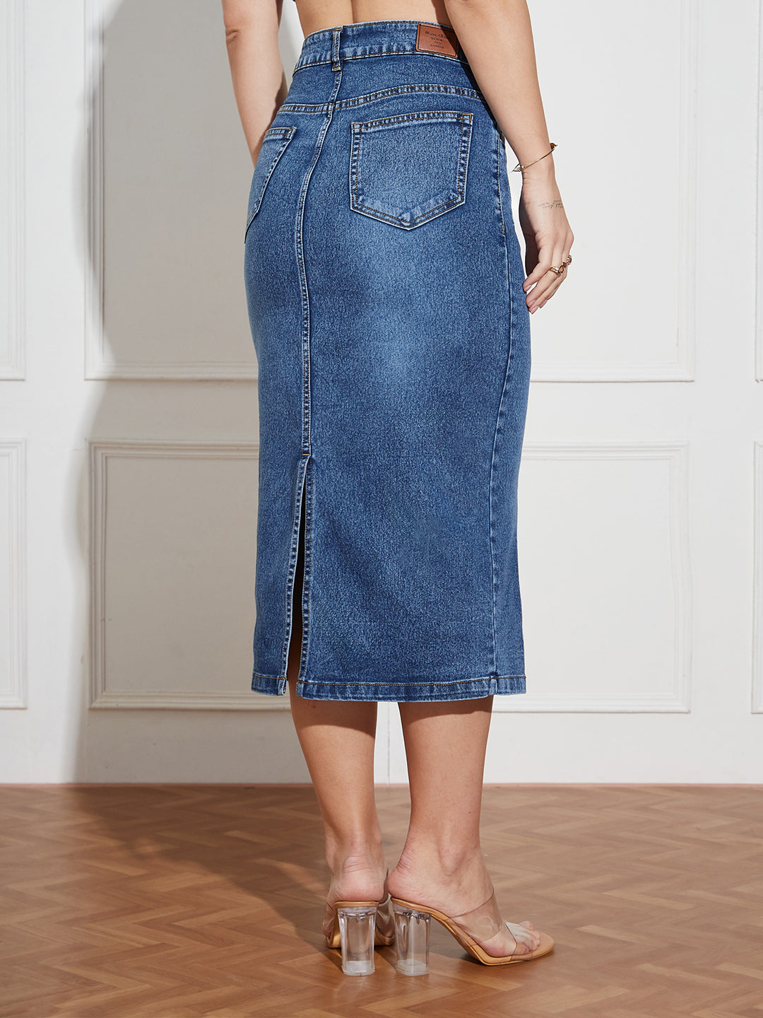 Women's Dark Blue High Rise Clean Look Stretchable Denim Bodycon Midi Skirt