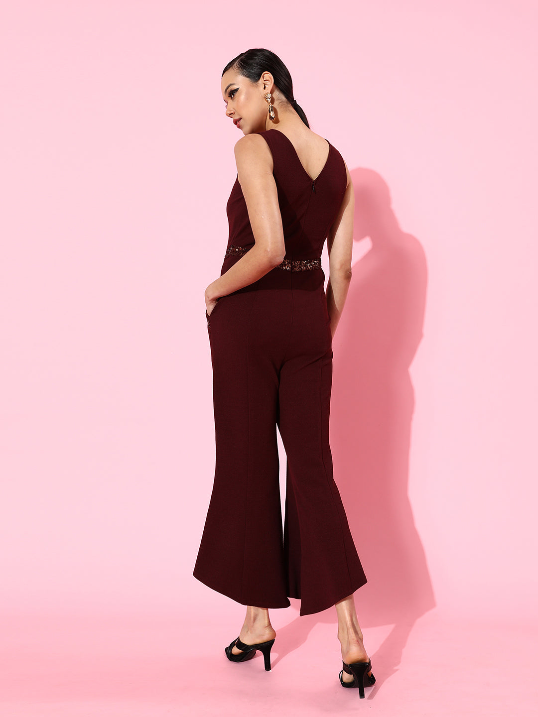 Crease Ease Women's Wine Solid Slim Fit Round Neck Sleeveless Regular Length Bell Bottom Jumpsuit