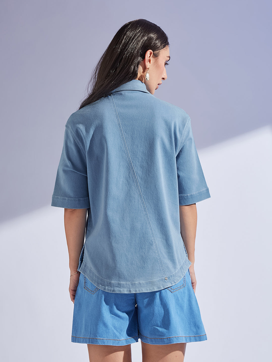 Women's Light Blue Shirt Collar Half Sleeve Asymmetrical Panelled Regular-Length Denim Shirt