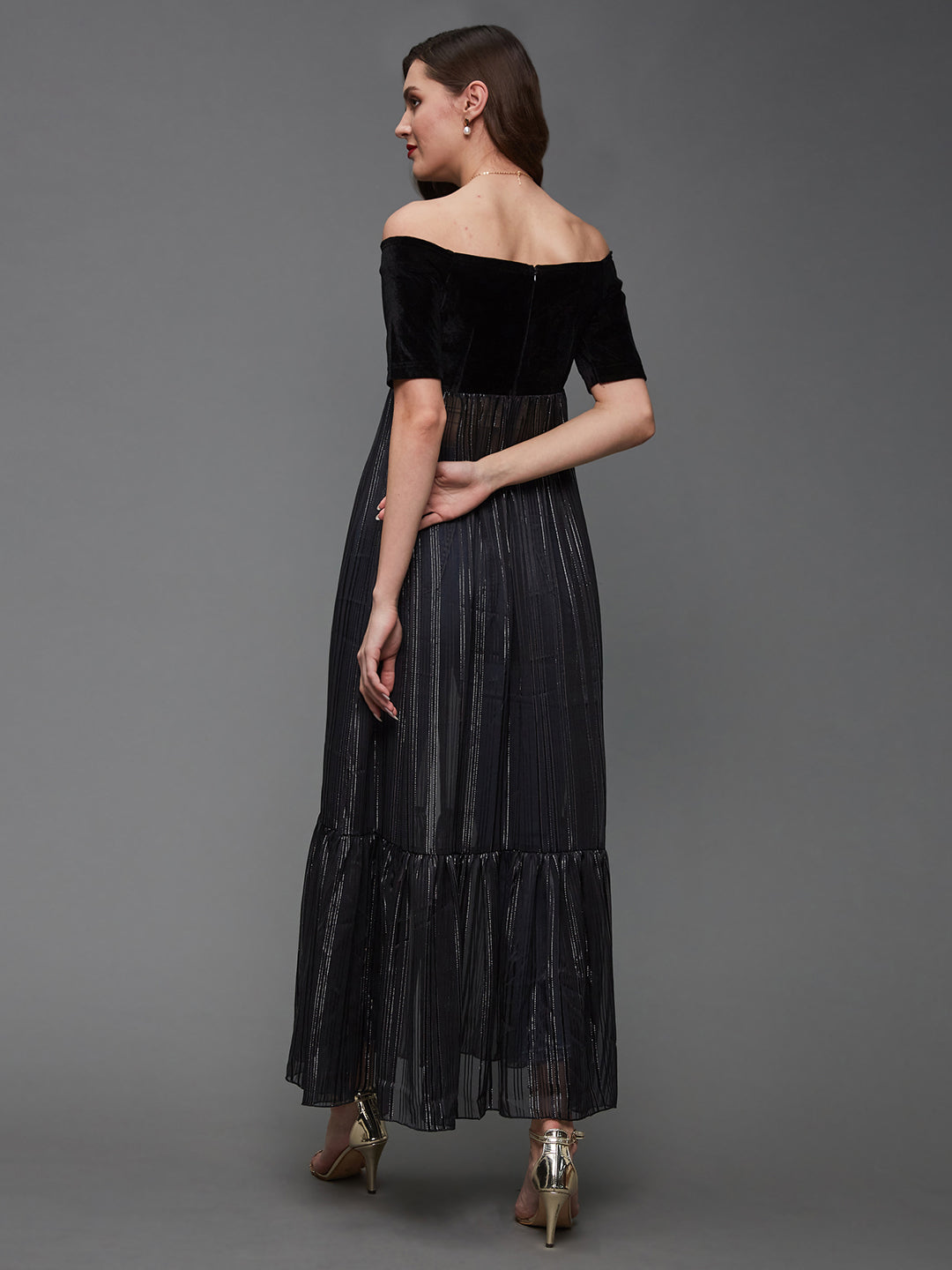 Women's Black Striped Off Shoulder Half Sleeves Georgette Bardot Maxi-Length Top