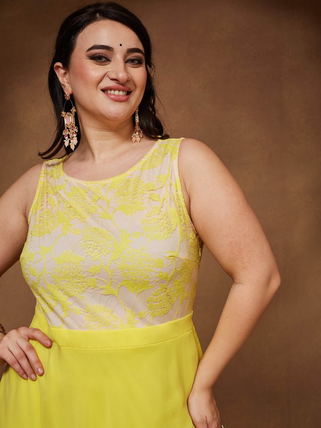Light Yellow Round Neck Sleeveless Georgette & Lace Floral Fit & Flare Maxi Dress for Women — Miss Chase A+