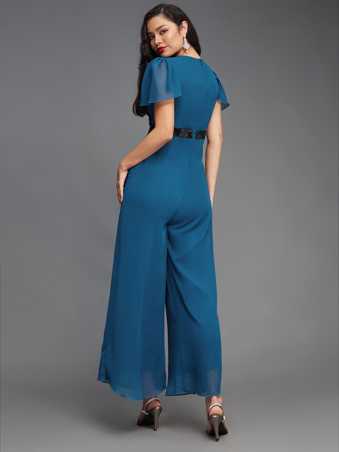 Women's Royal Blue Solid Relaxed Fit Short Sleeve V-Neck Ankle-Length Straight Jumpsuit