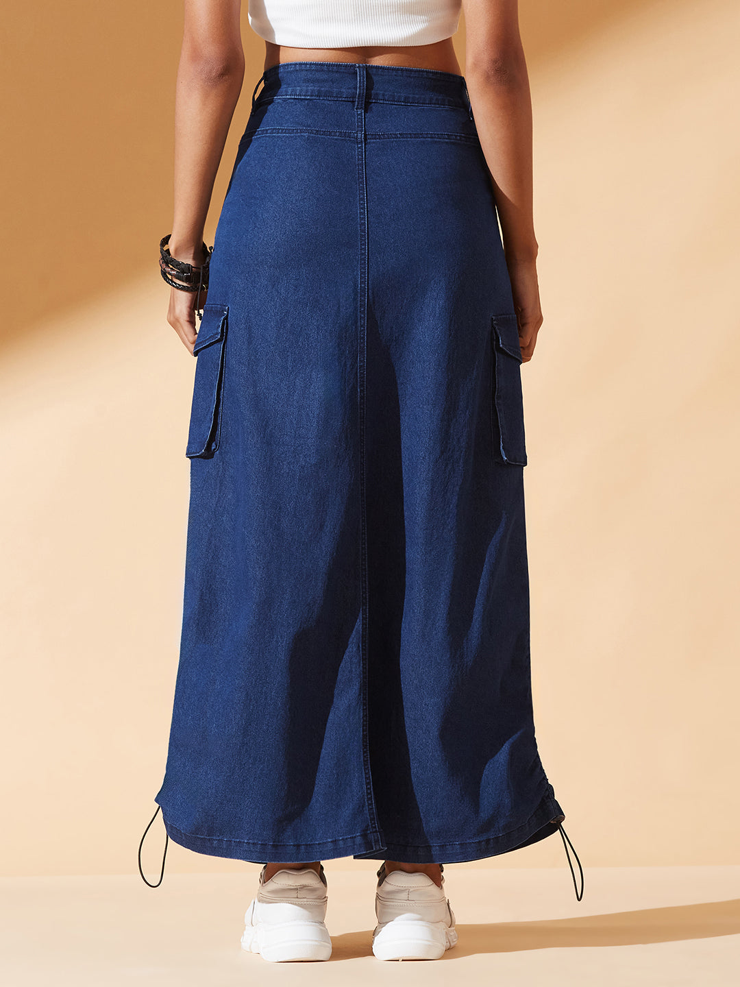 Navy-Blue Baggy High-Rise Ruched Parachute Stretchable Denim Midi Skirt for Women