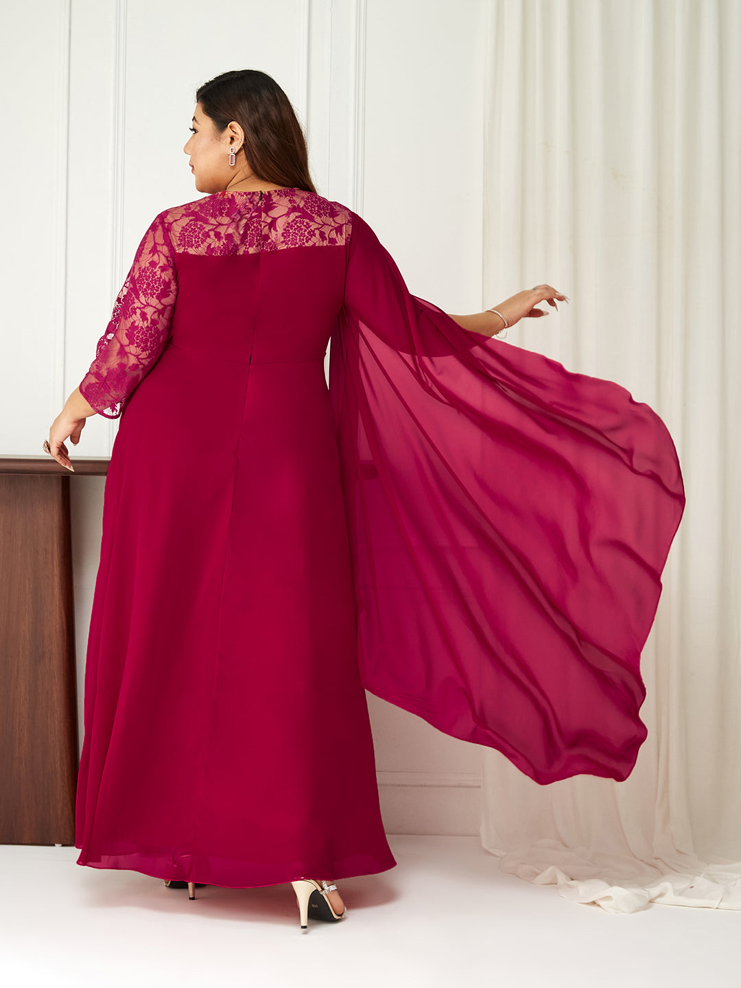 Dark Pink Assymetric Three-Quarter Sleeve Lace Maxi Dress for Women | Mehendi to Sangeet Collection