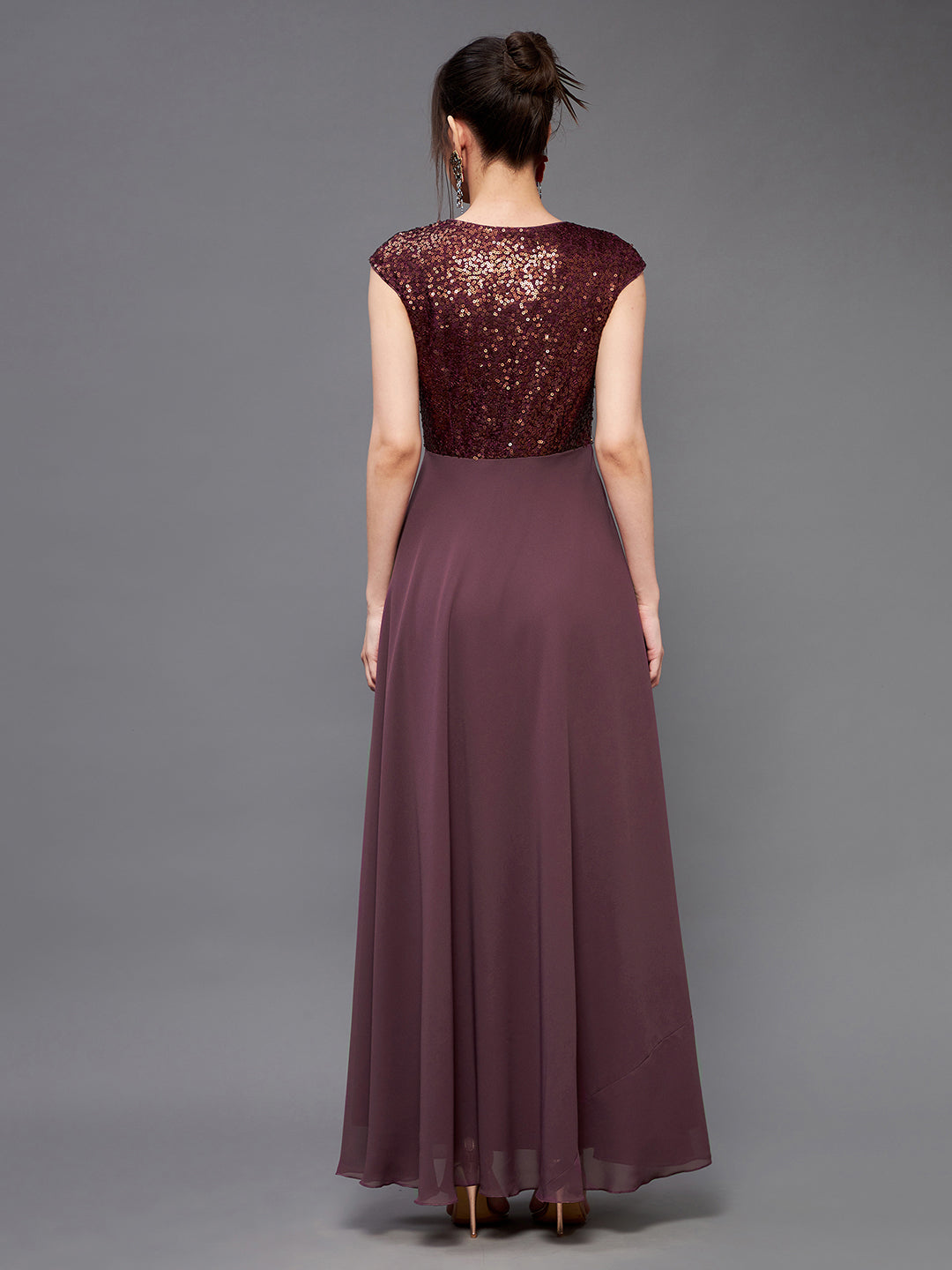 Women's Mauve & Wine V-Neck Sleeveless Embellished Wrap Maxi Dress