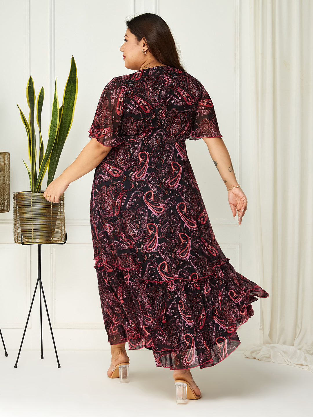 Black Bohemian Printed Flutter Sleeves Maxi Dress Long Dress Gown Frock for Women | The Summer Holiday Story
