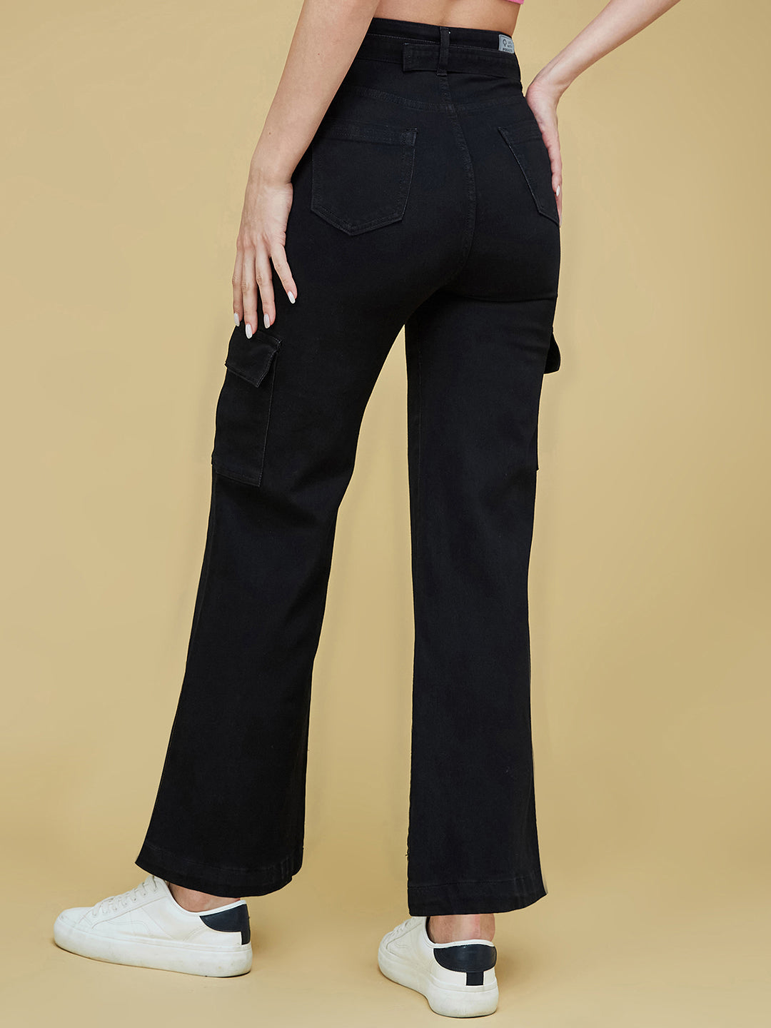 Black Wide-Leg High-Rise Clean-Look Regular Stretchable Denim Jeans for Women