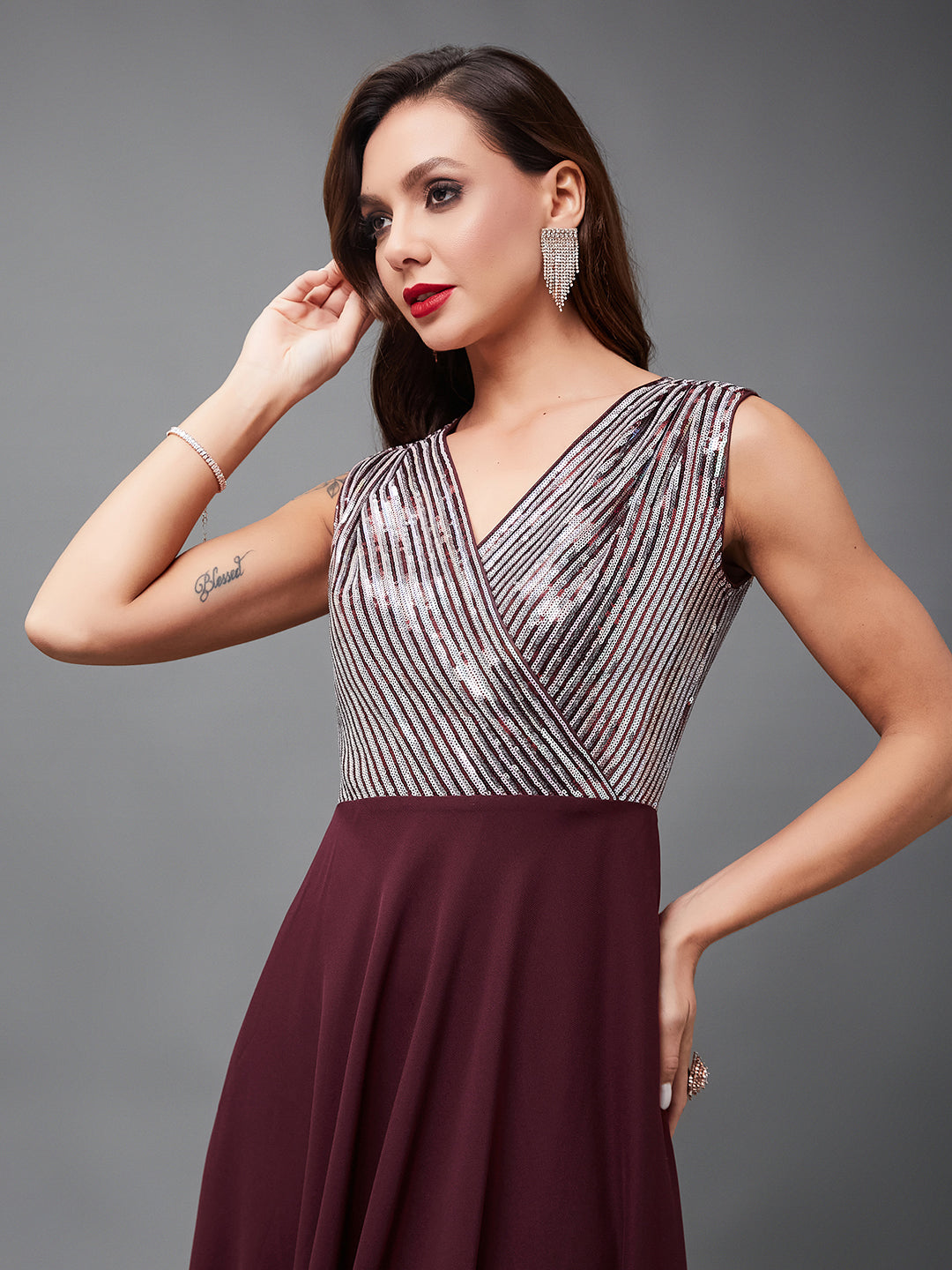 Women's Wine V-Neck Sleeveless Embellished Wrap-Styled Maxi Georgette Dress