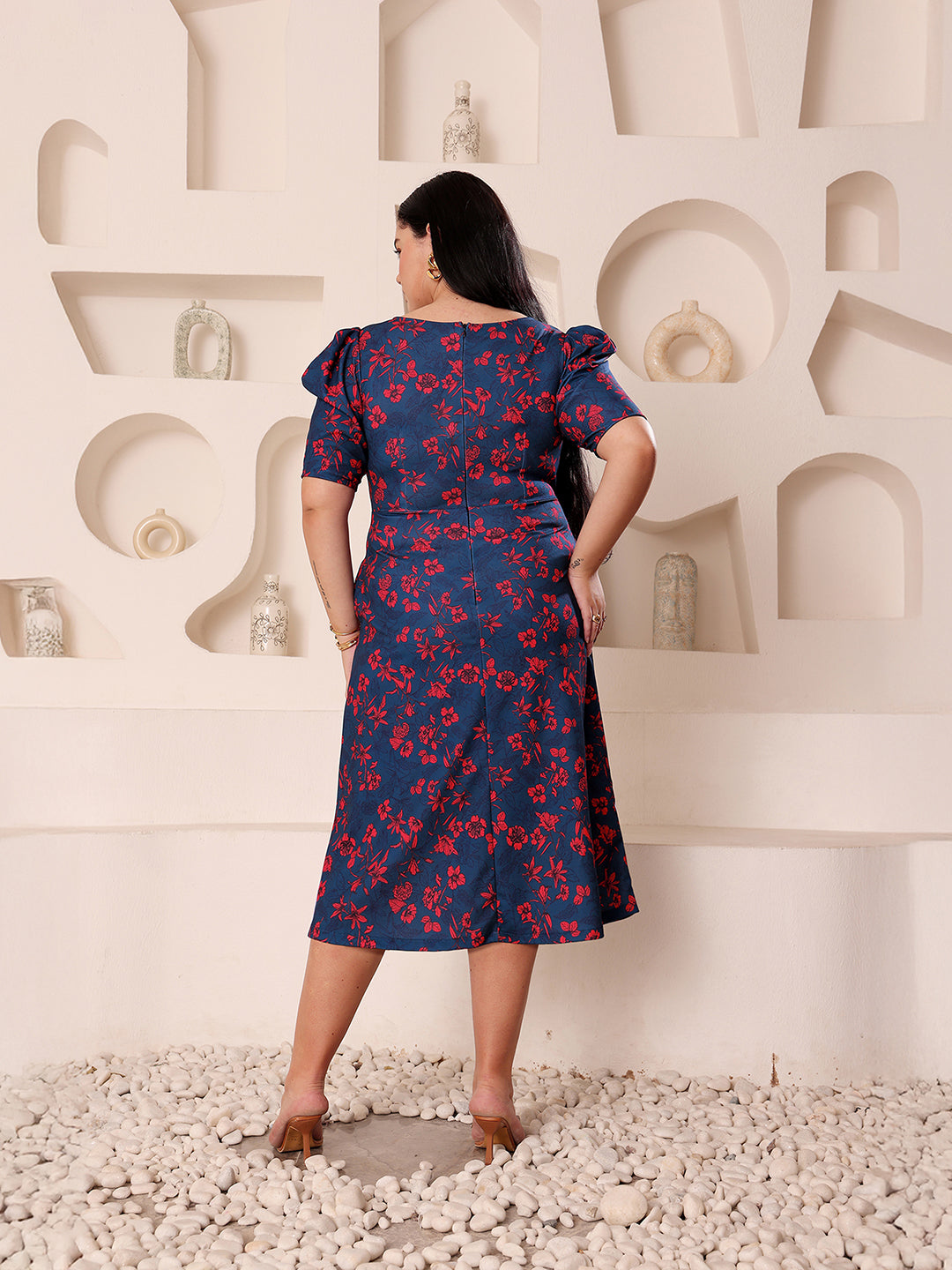 Body Bliss Multicolored-Base-Teal V-neck Puff-Sleeves Floral Wrap Midi Dress
