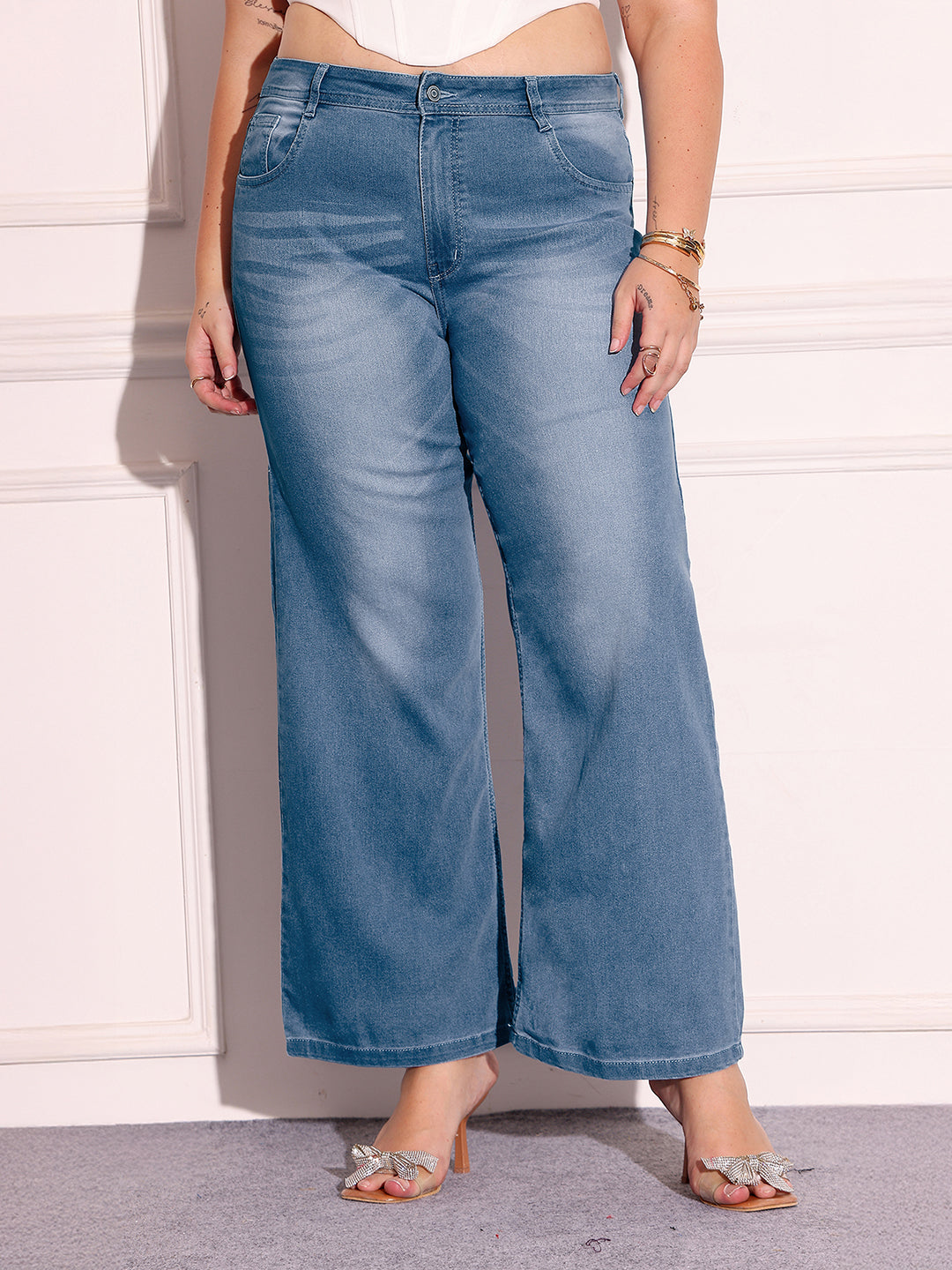 24/7 Comfort Light-Blue Wide-Leg Mid-Rise Blast Effect Denim Jeans for Women — Miss Chase A+