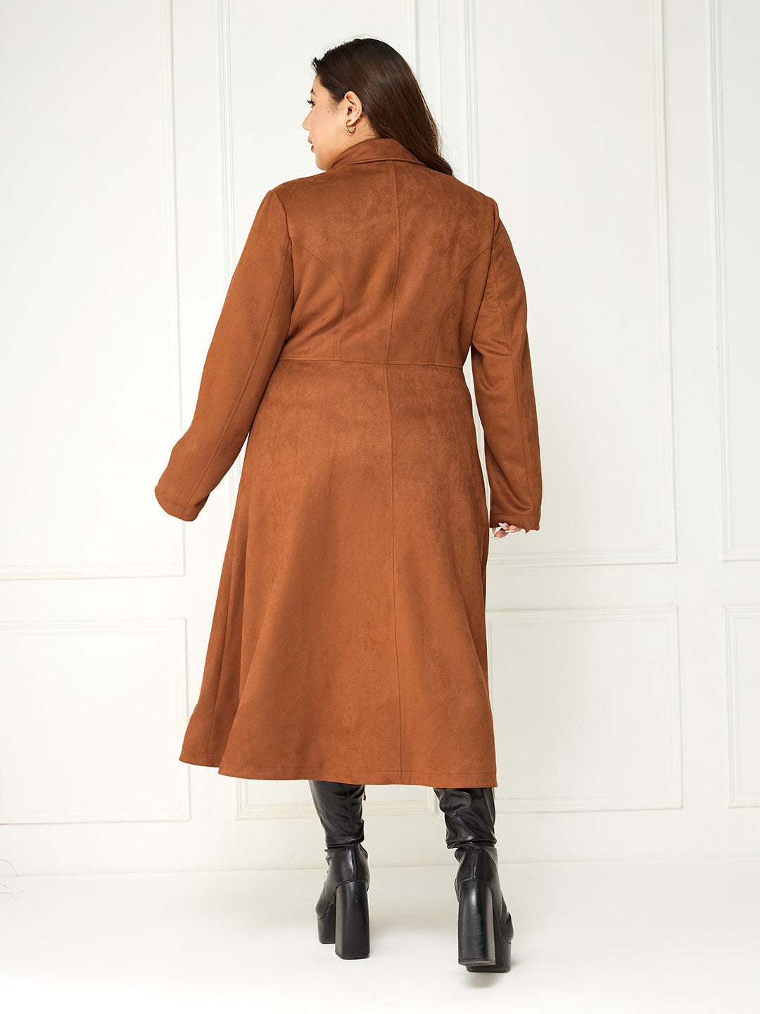 Body Bliss Brown Solid Double Breasted Longline Jacket for Women — Miss Chase A+