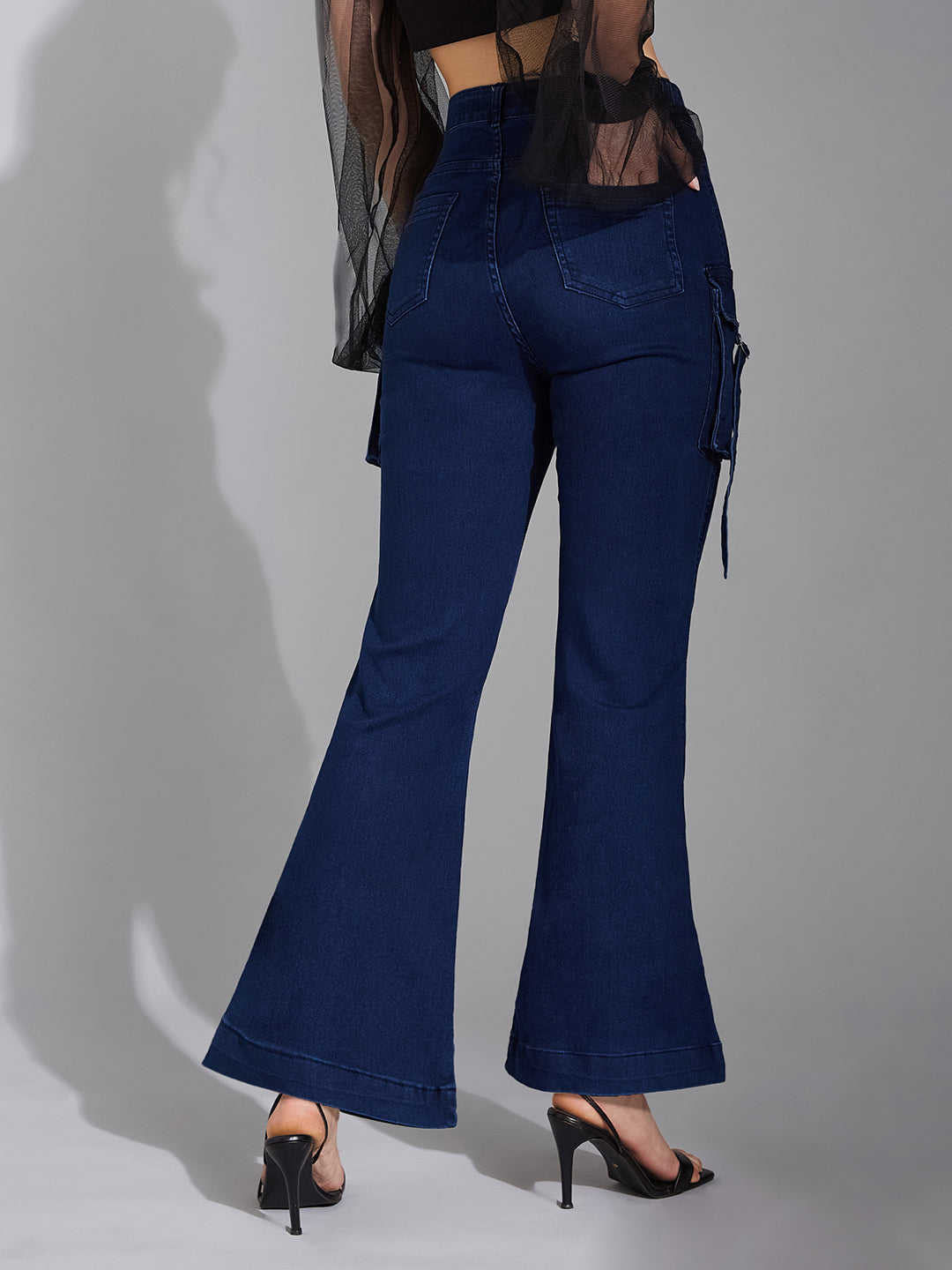 24/7 Comfort Navy-Blue Patch Pockets Bell-Bottom Bootcut High-Rise Stretchable Denim Jeans