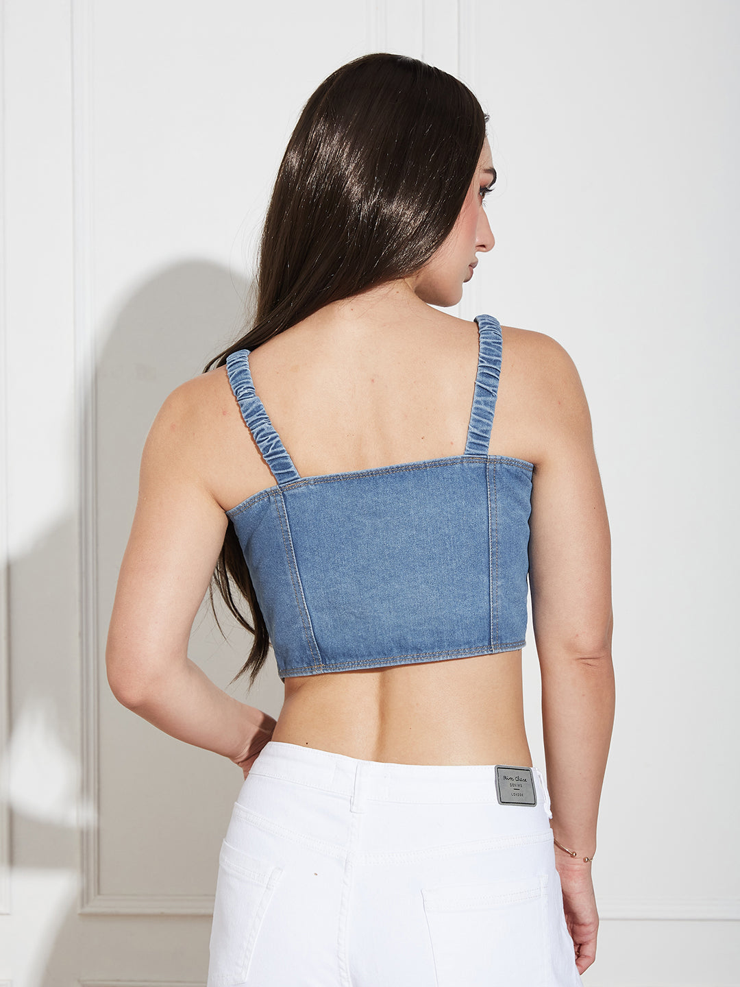 Women's Mid Blue V-Neck Elasticated Straps Sleeve Solid Waistcoat-Styled Cropped Denim Top