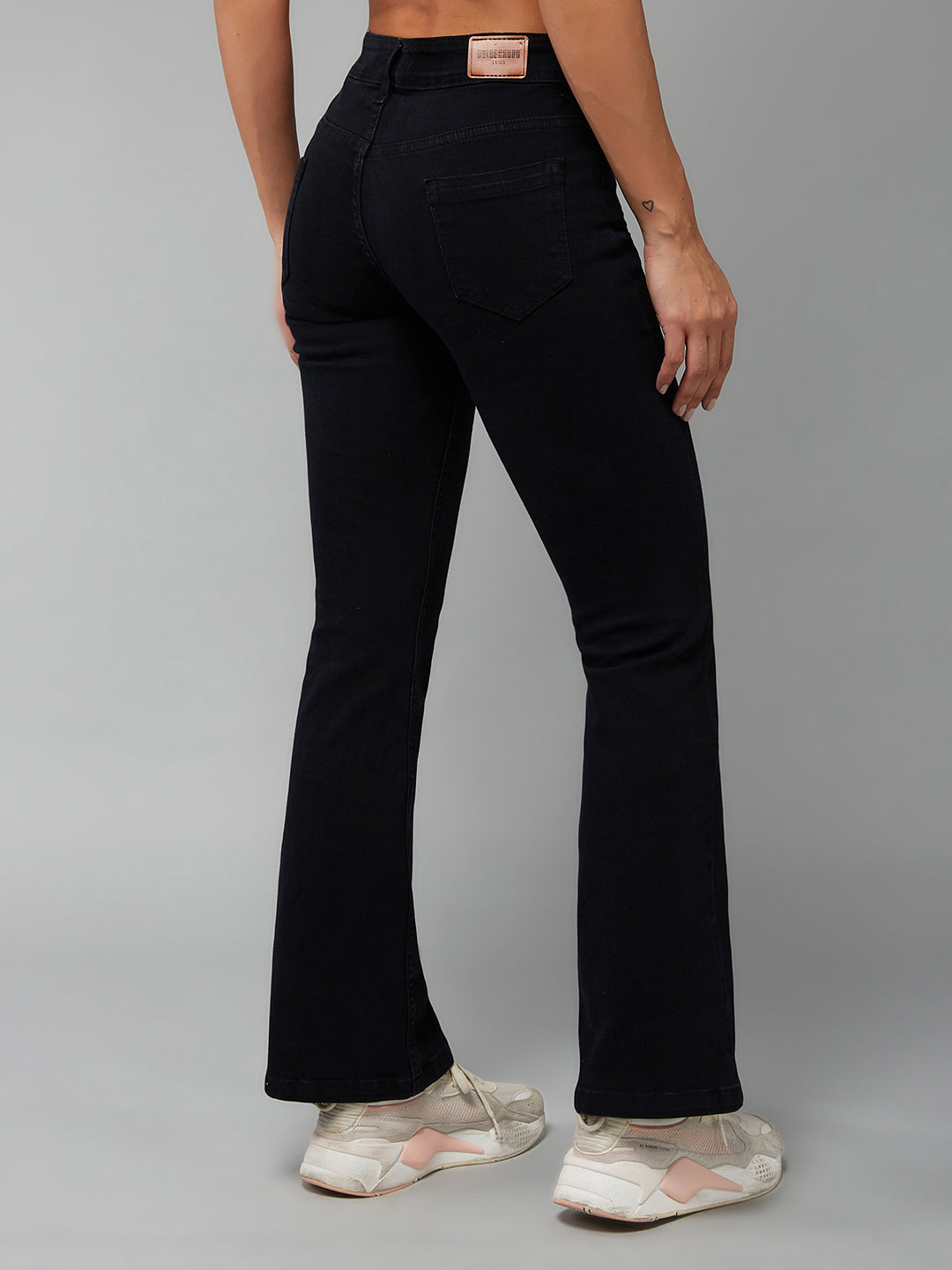24/7 Comfort Black Bell-Bottom Semi-Bootcut Mid-Rise Stretchable Denim Jeans