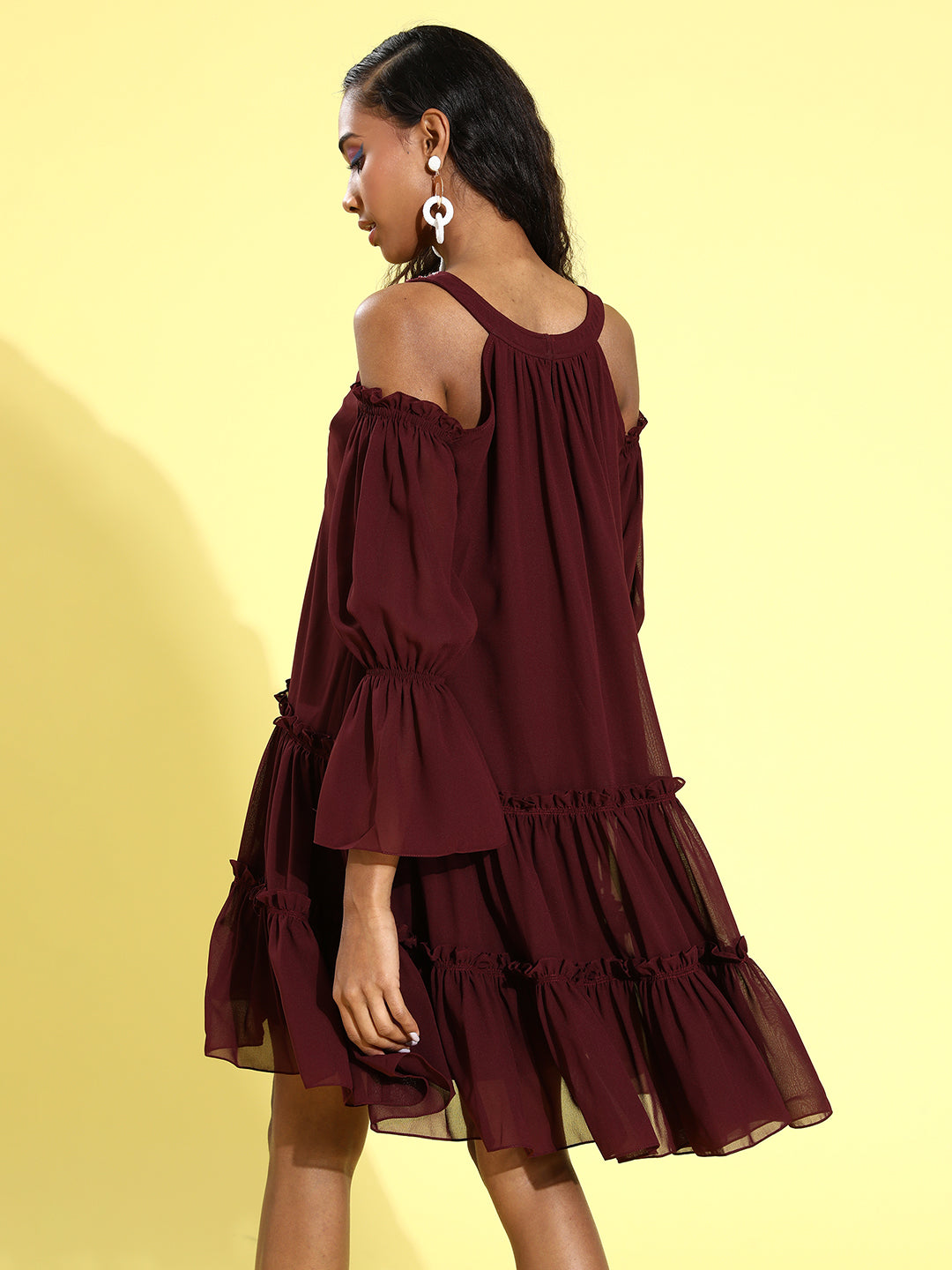 Women's Wine V-neck Cold Shoulder Solid Embellished Knee Length Dress