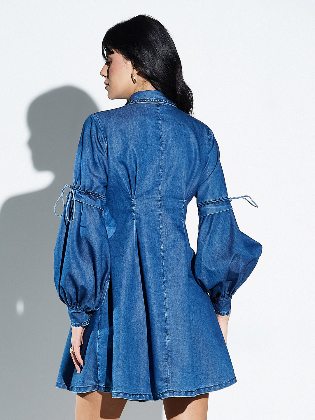 Navy Blue Pleated Denim Shirt Dress with Bishop Sleeves for Women