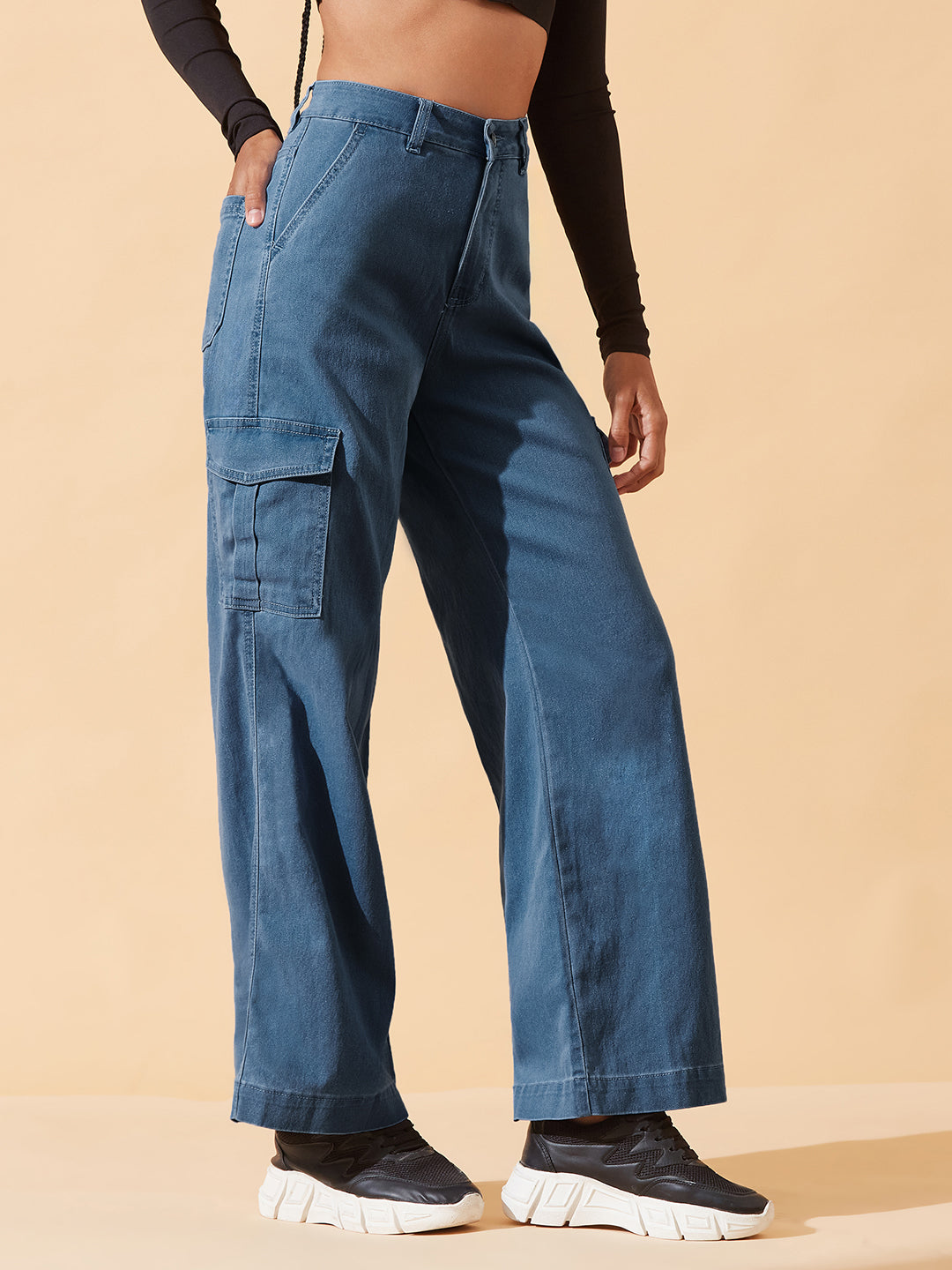 Blue Wide leg High-Rise Regular Stretchable Denim Jeans For Women