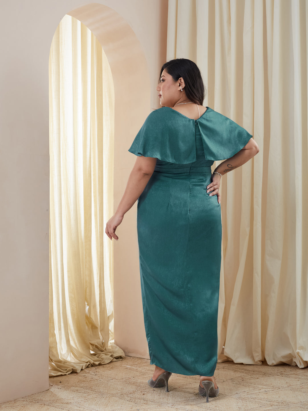 Teal Sweetheart Cape Embellished Draped Satin Maxi Dress for Women