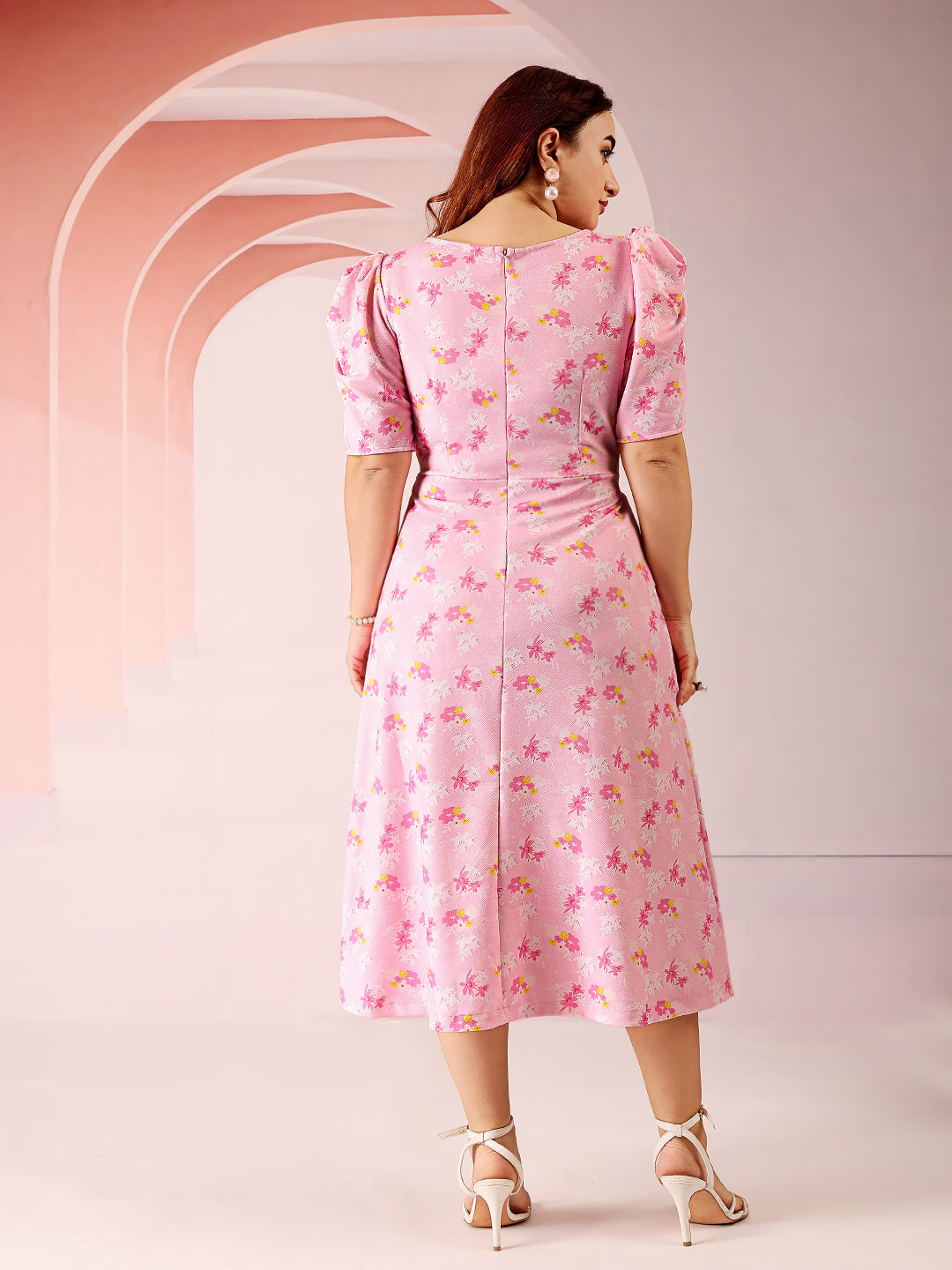 Multicolored-Base-Pink V-neck Puff Sleeve Floral Wrap Midi Dress for Women