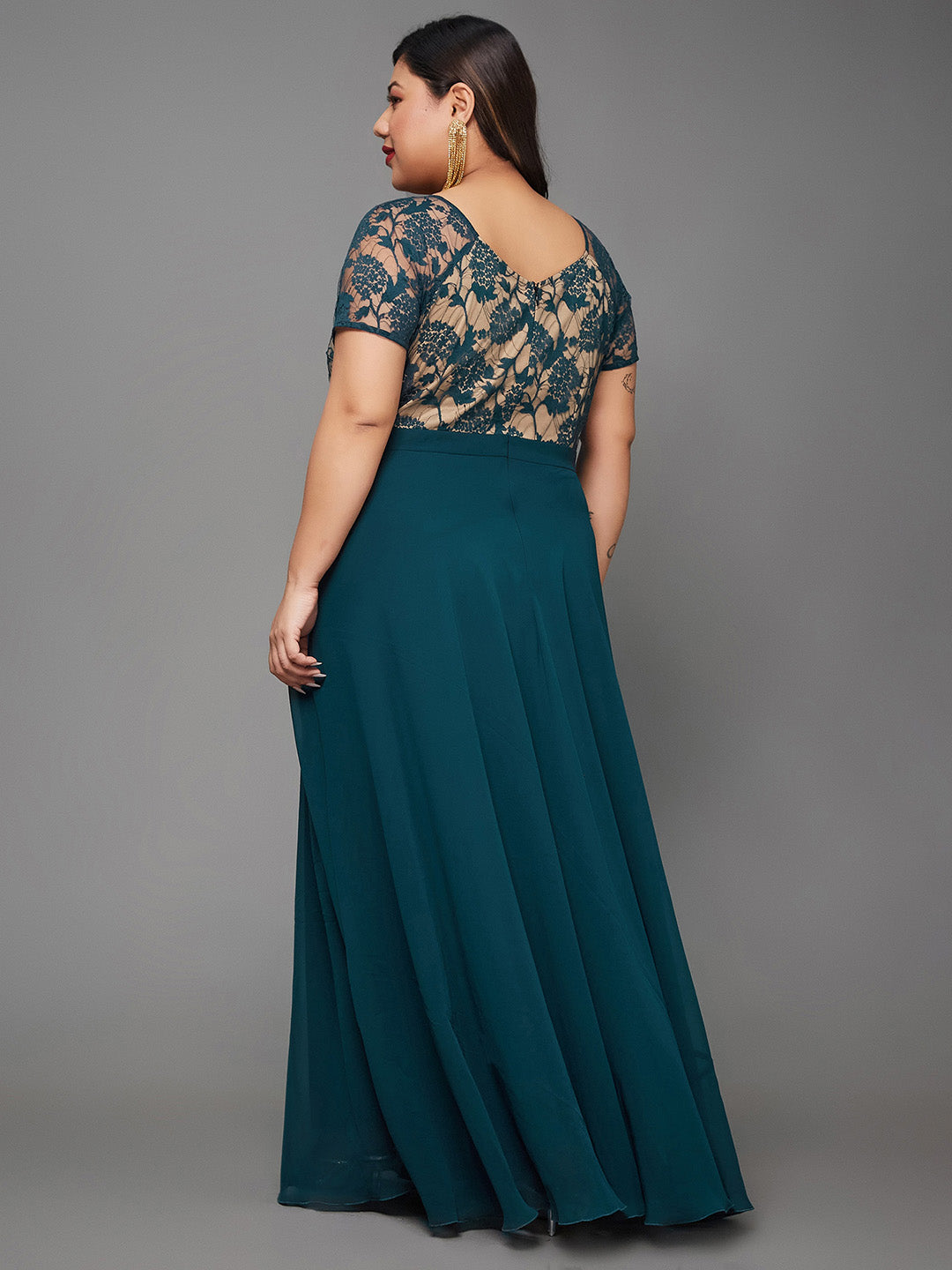 Teal Short Sleeves Lace Fit and Flare Maxi Dress Long Dress Gown for Women | Mehendi to Sangeet Collection