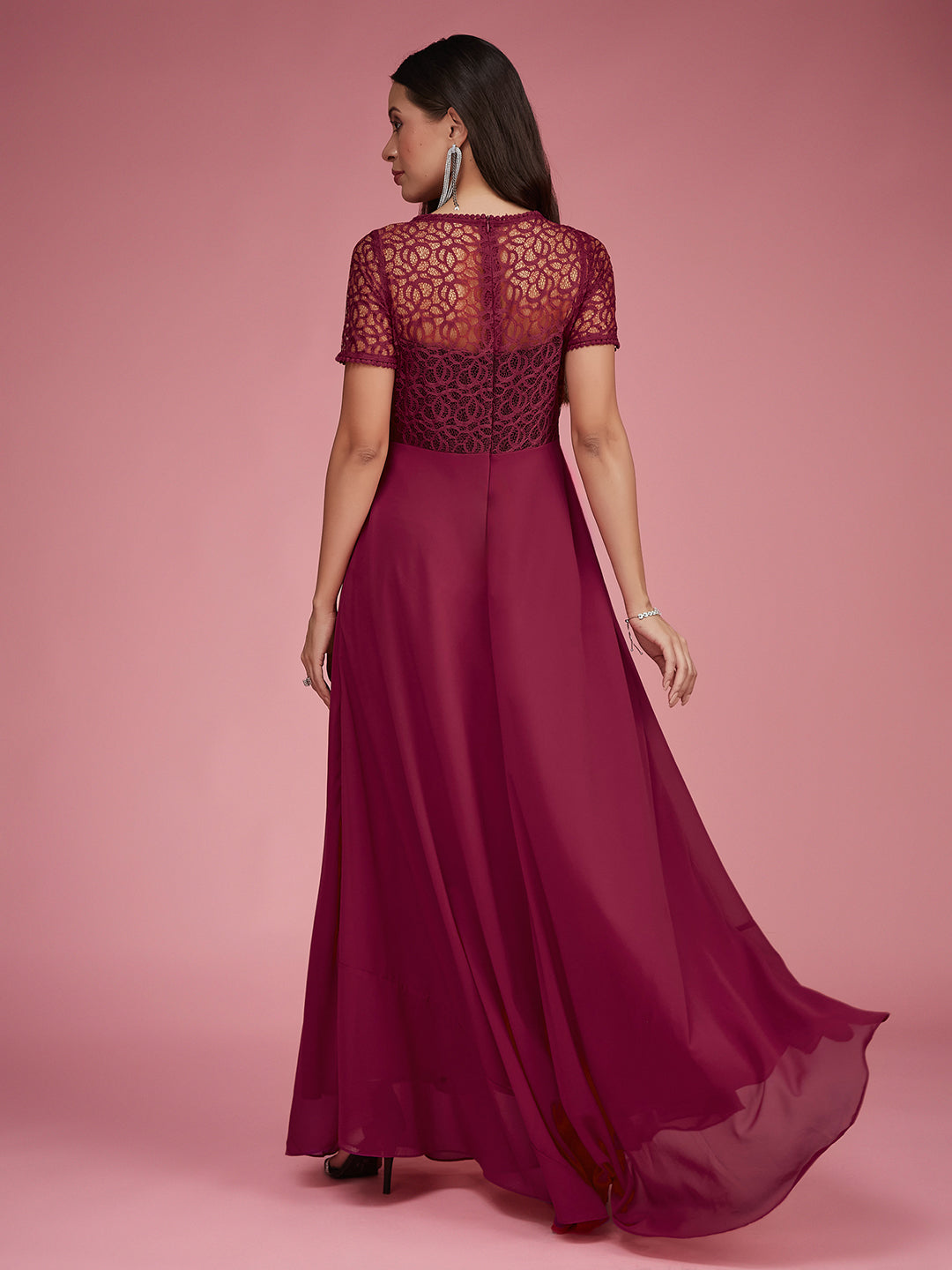 Dark Pink Short Sleeves Lace Fit and Flare Maxi Dress Long Dress Frock for Women