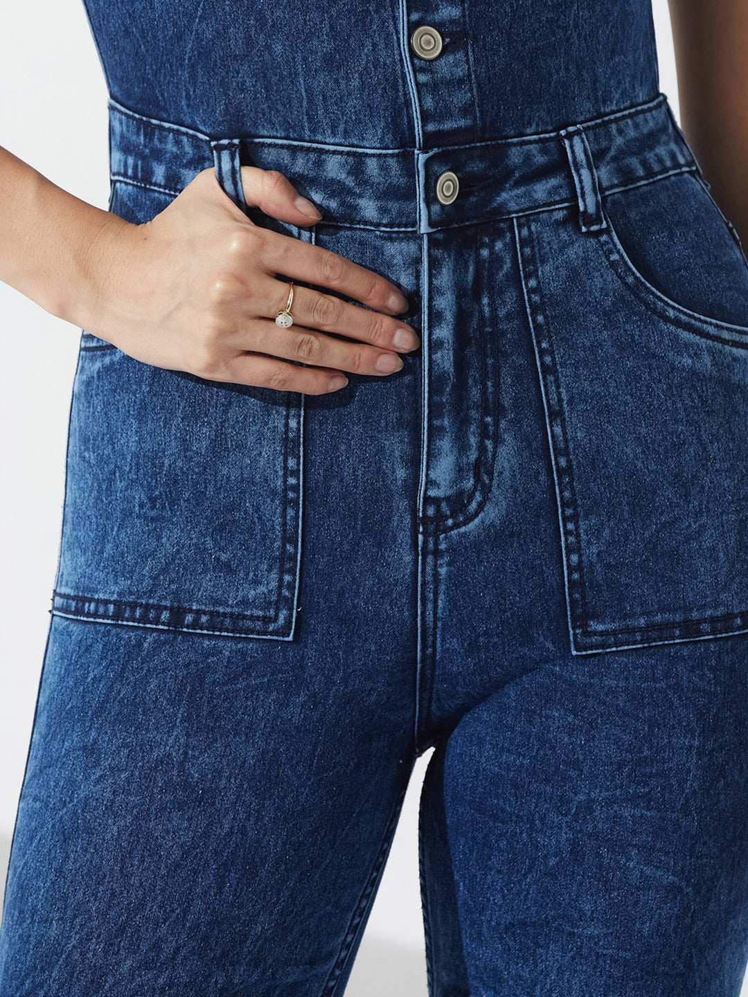 Navy Blue Flared high-rise Regular Stretchable Denim Jumpsuit for Women