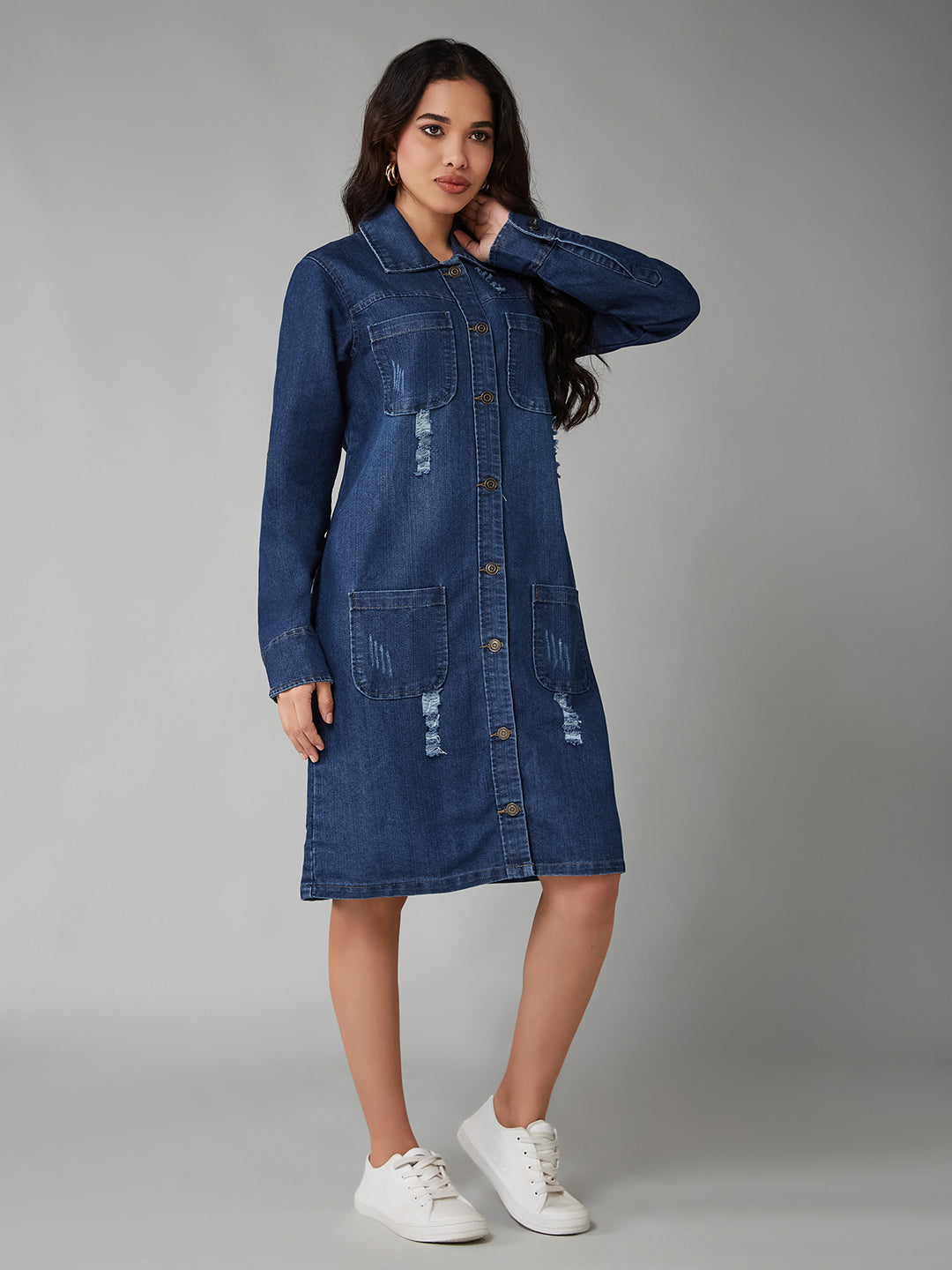 Women's Blue Collared-Neck Full-Sleeve Shirt Dress Styled Knee-Long Denim Jacket