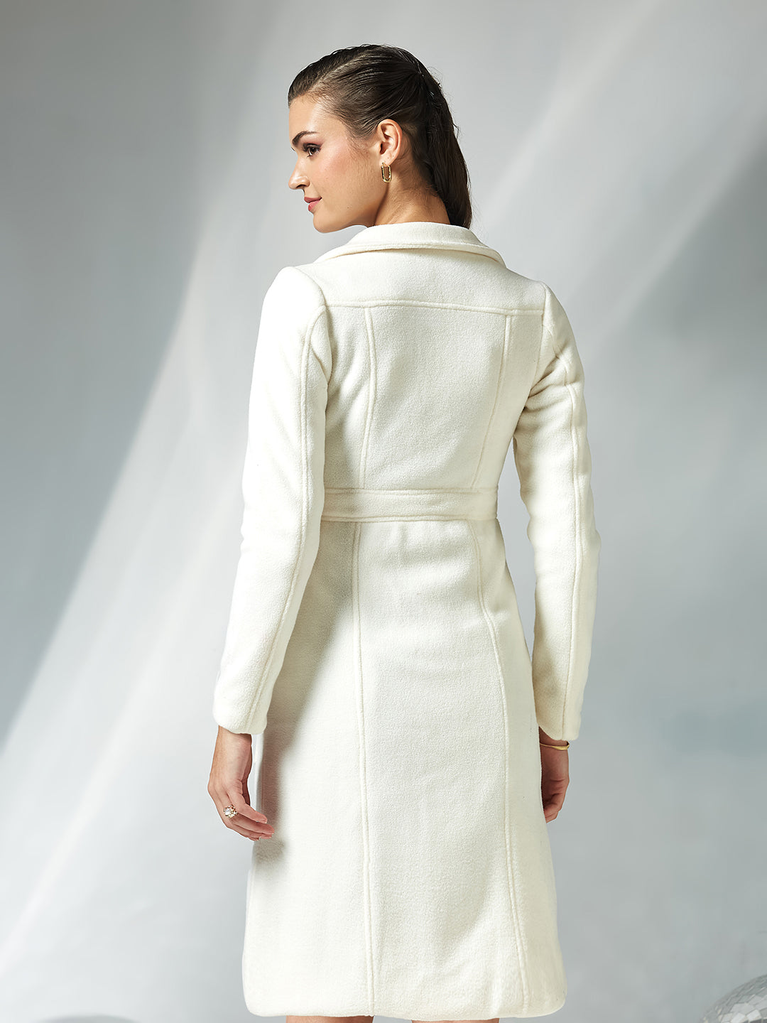 Women's Off White Solid Shirt Collar Full Sleeves Patched Pocketed Polyester Longline Winter Wear Jacket