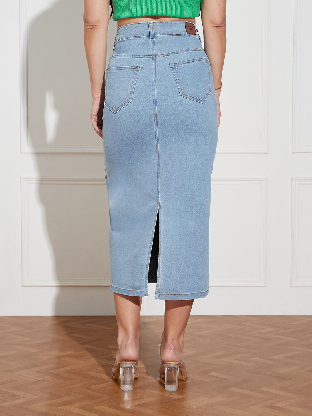 Women's Light Blue Straight High Rise Clean Look Midi Stretchable Denim Denim Skirt