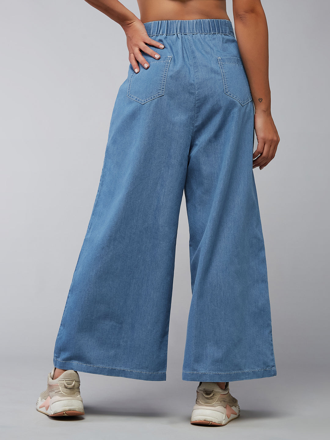 Women's Blue Flared Wide-Leg High-Rise Light Weight Non Stretchable Denim Culottes Pants