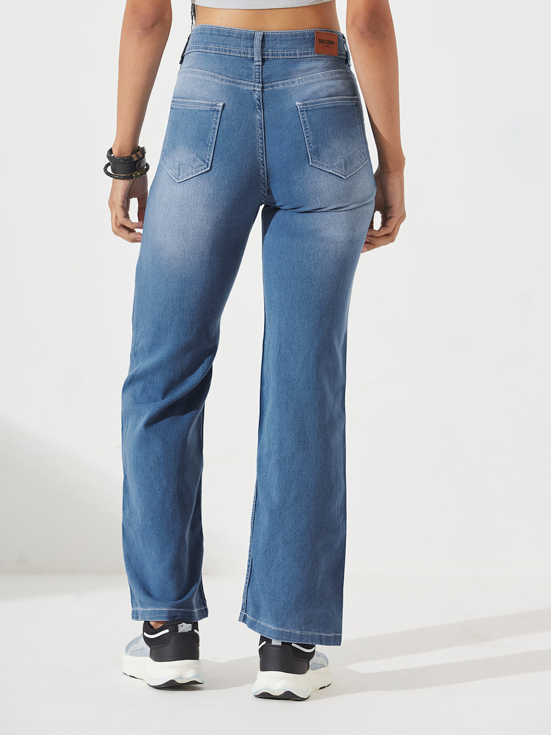 CHASEstretch™ Light-Blue Wide-Leg Mid-Rise Blast Effect Light Weight Denim Jeans For Women