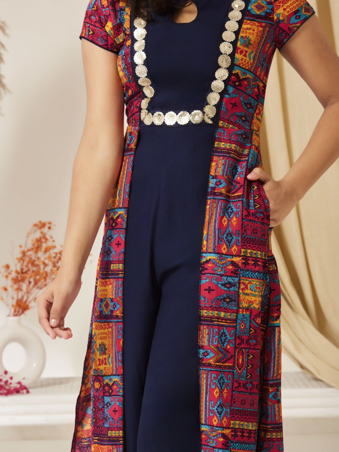 Navy Blue Keyhole-Neck Regular Sleeve Bohemian Paneled Viscose-Rayon Jumpsuit for Girls/Teenagers