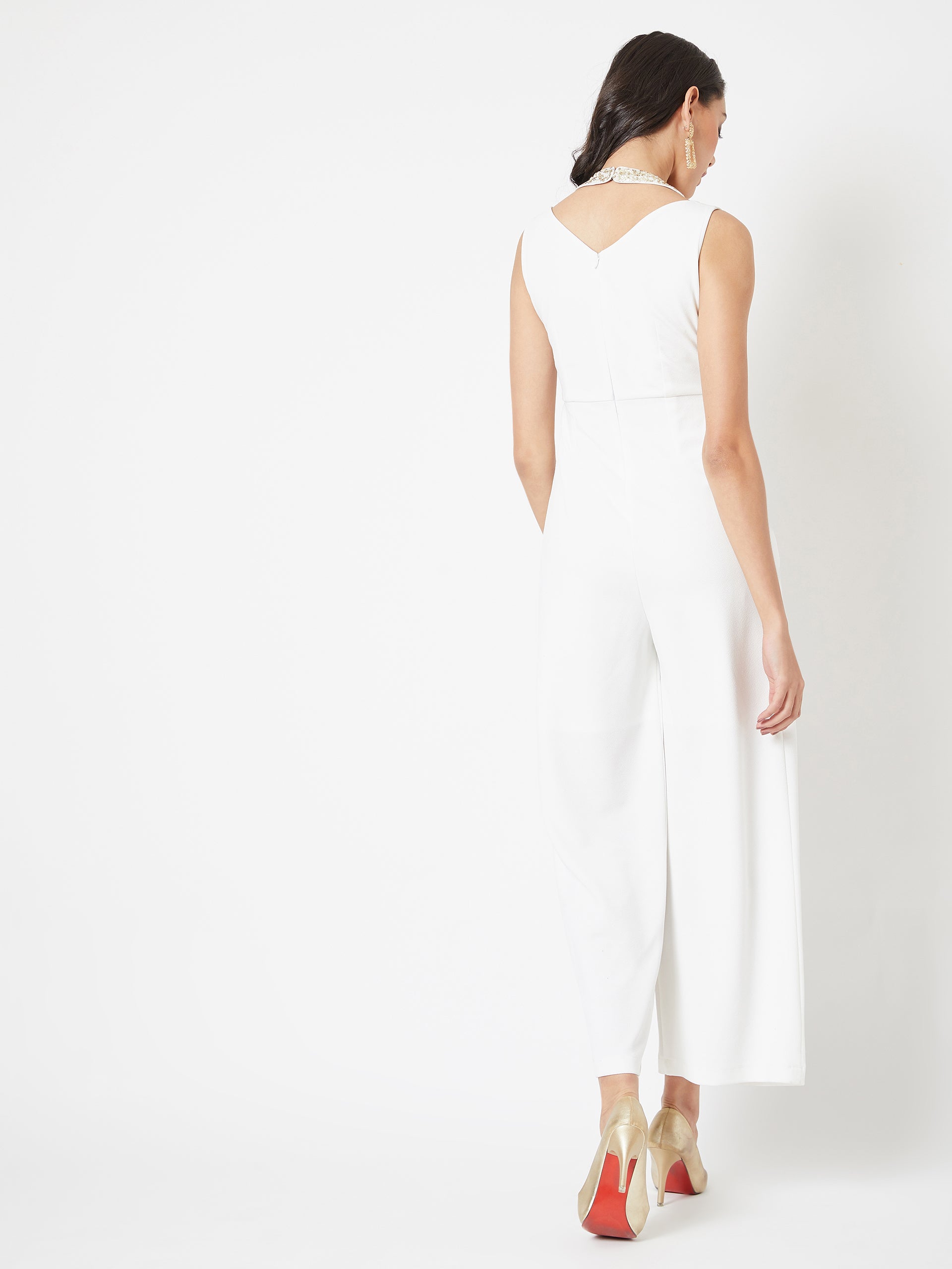 Women's Off White Halter Neck Sleeveless Solid Pleated Regular Length Jumpsuit