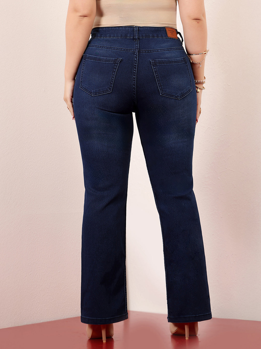 Women's Navy Blue High-Rise Clean-Look Stretchable Bootcut Denim Jeans