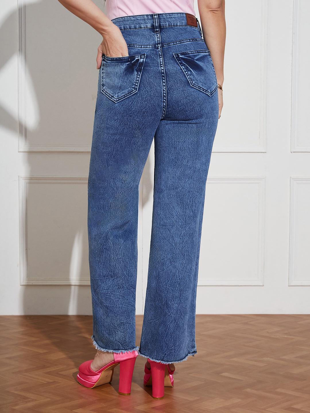 Women's Navy-Blue Wide Leg High-Rise Clean Look Regular Stretchable Denim Jeans