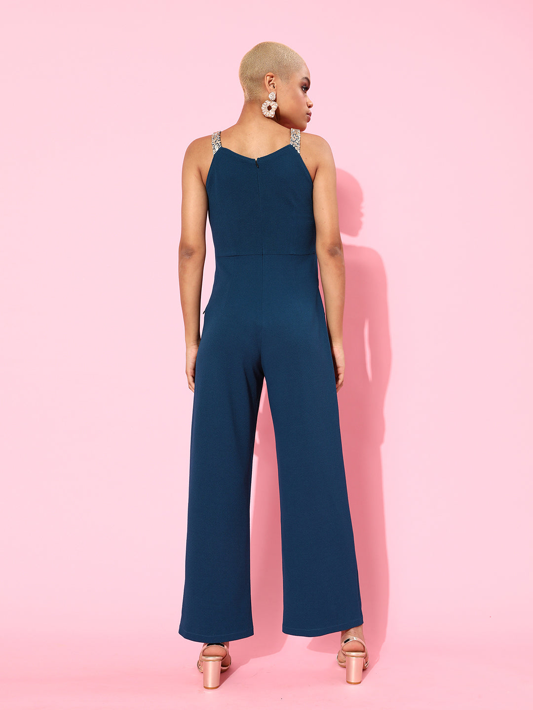 Women's Teal V-Neck Sleeveless Sequined Party Jumpsuit