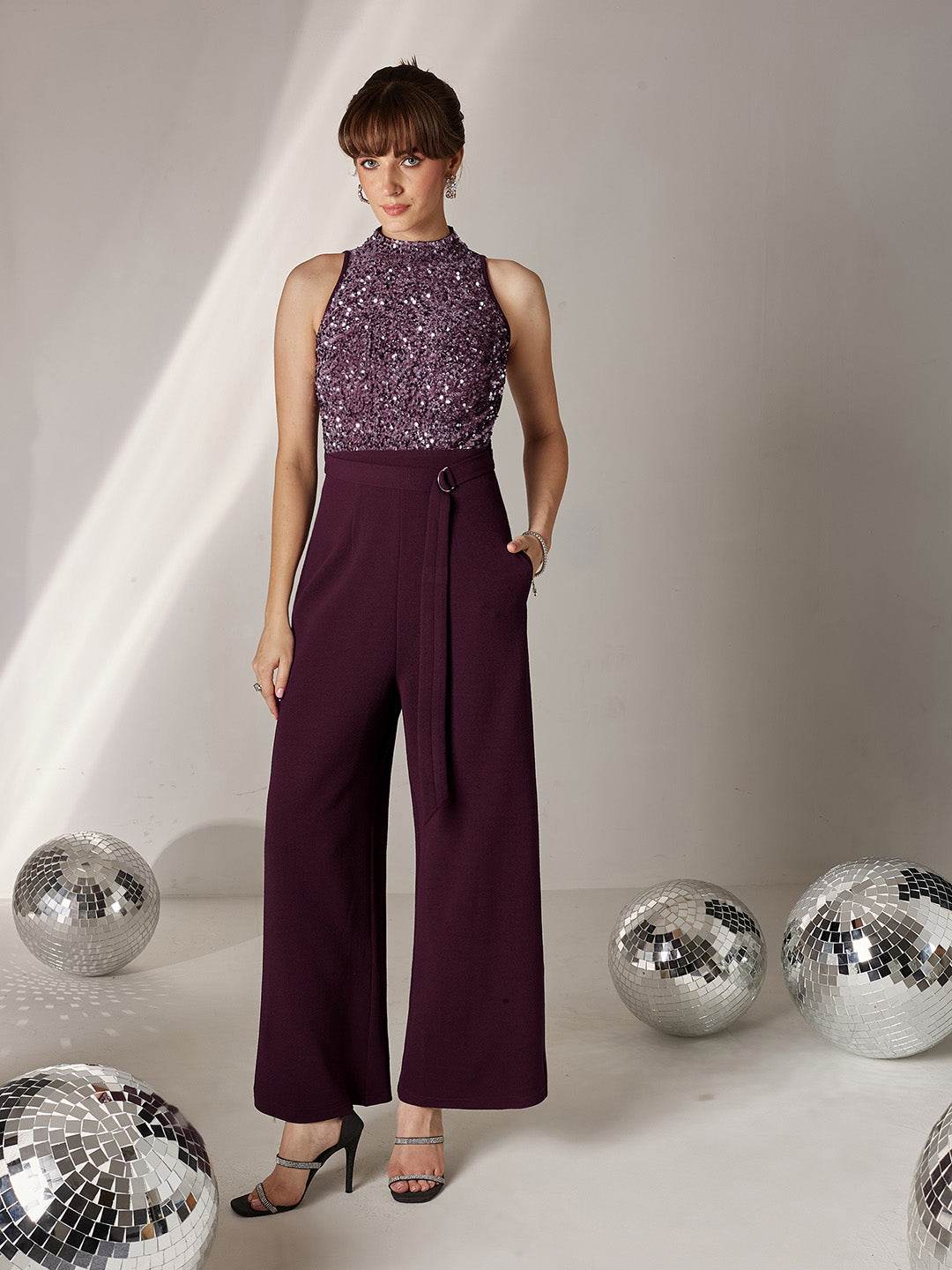 Women's Dark Purple Halter Neck Sleeveless Embellished Regular-Length Jumpsuit