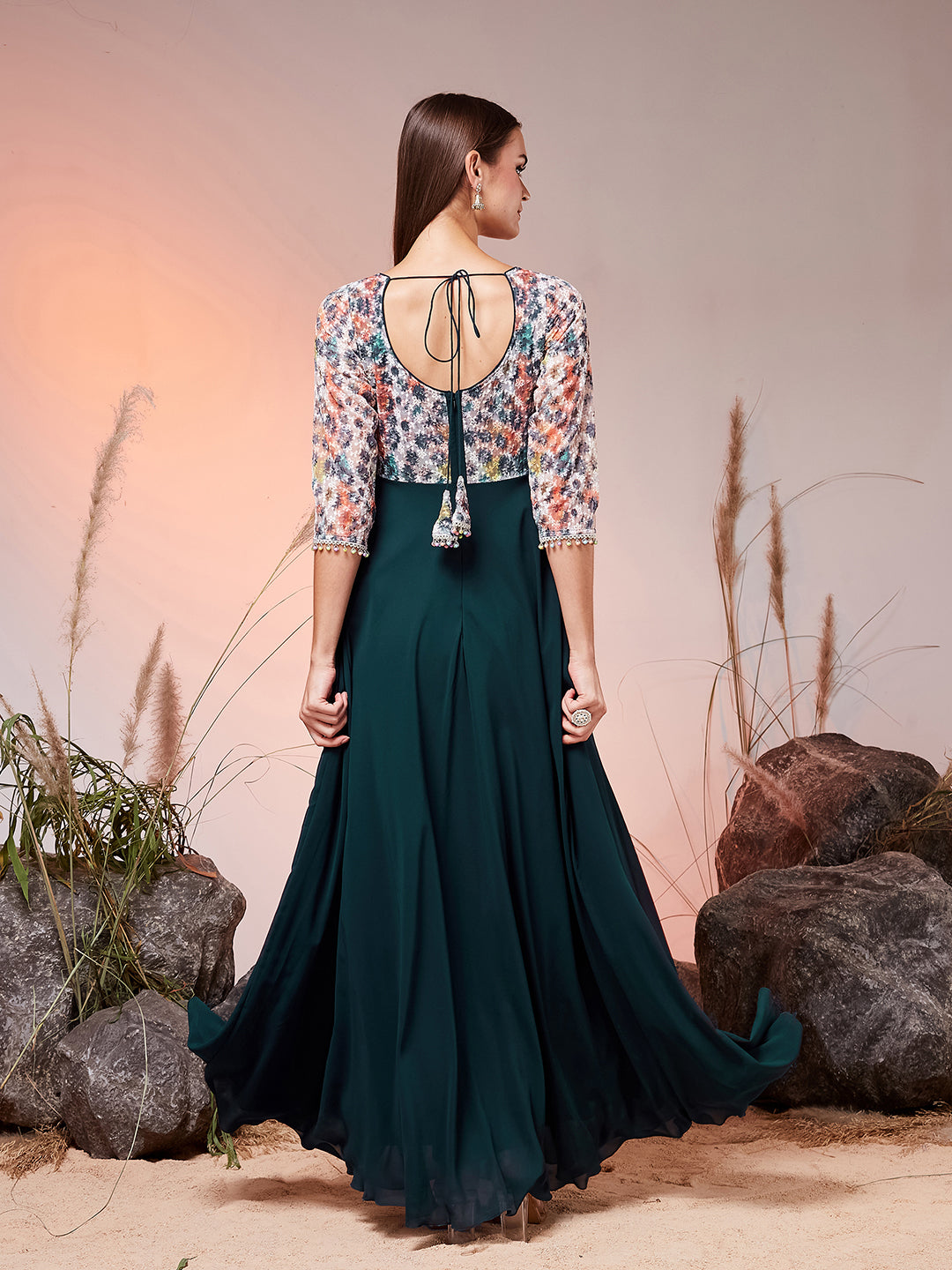 Teal Round Neck 3/4 Sleeve Embellished Embellished Maxi Georgette Ethnic Dress for Women — Miss Chase
