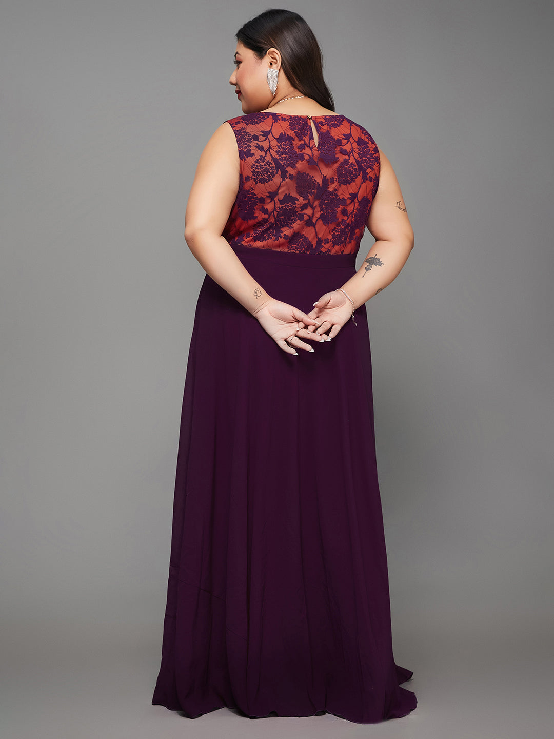 Body Bliss Dark Purple Georgette & Lace Floral Fit & Flare Maxi Dress