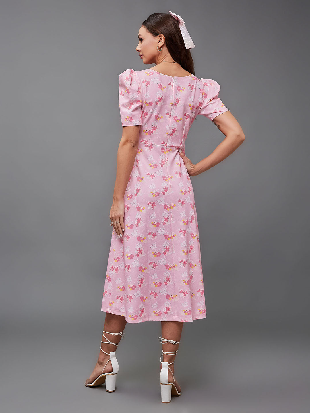 Crease Ease Women's Multicolored-Base-Pink V-neck Puff Sleeve Floral Wrap Midi Dress