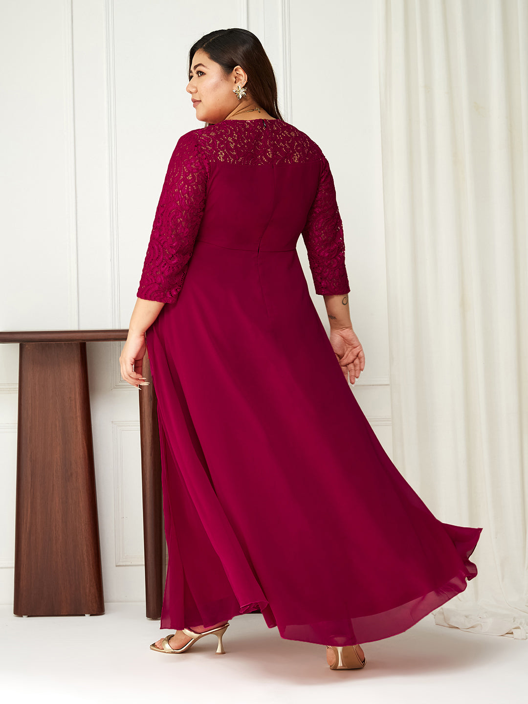 Dark Pink Long Sleeves Lace Wrap Maxi Dress for Women