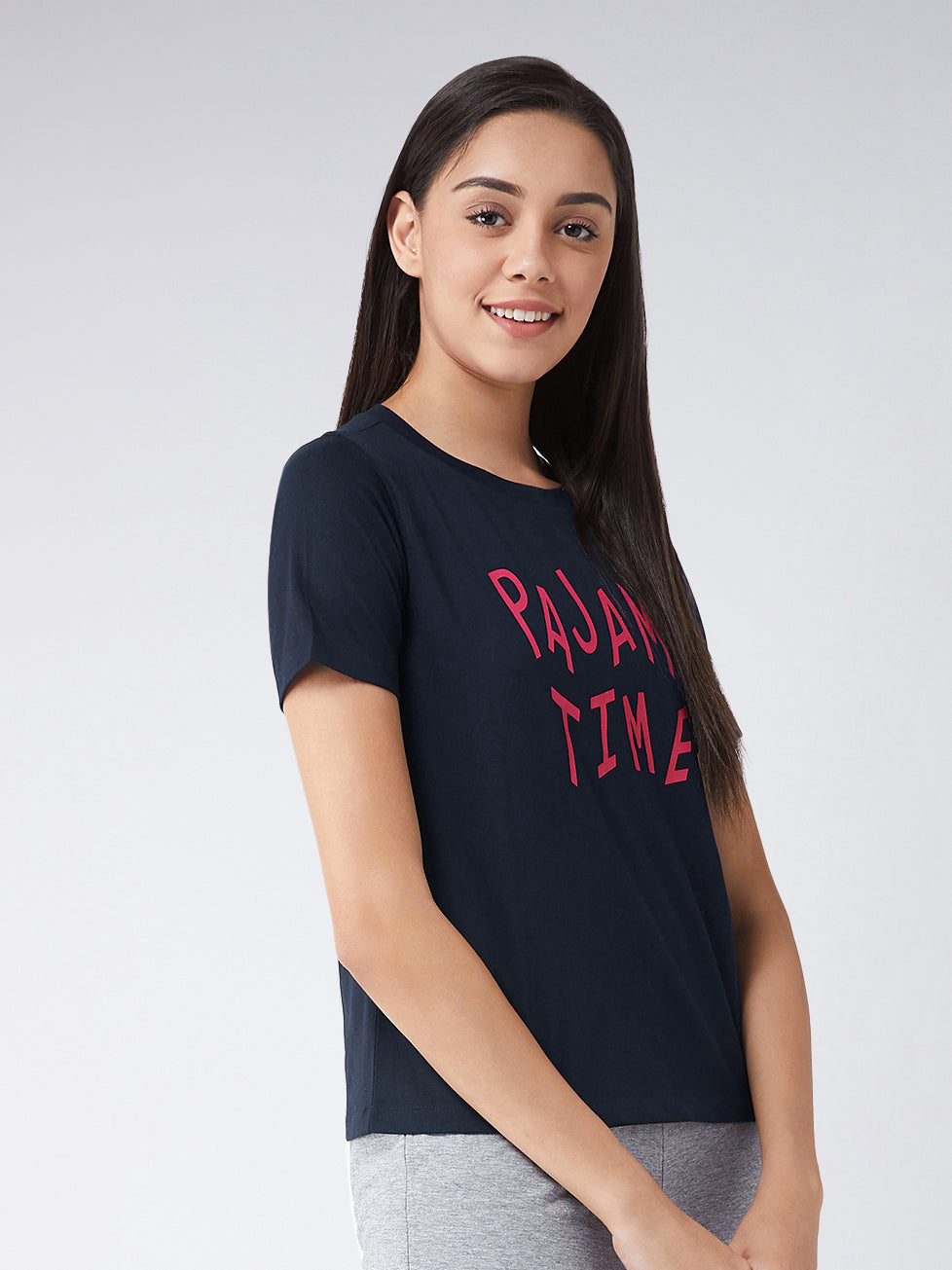 Women's Navy Blue Round Neck Short Sleeves Regular Length Printed T-shirt
