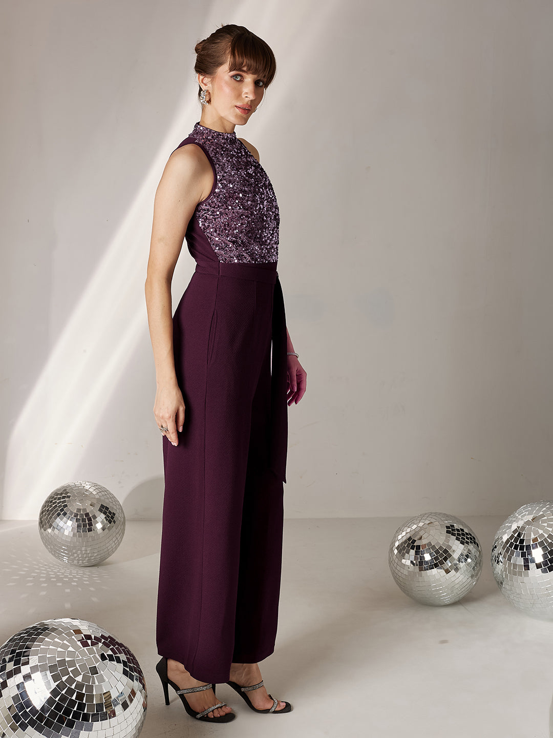 Women's Dark Purple Halter Neck Sleeveless Embellished Regular-Length Jumpsuit