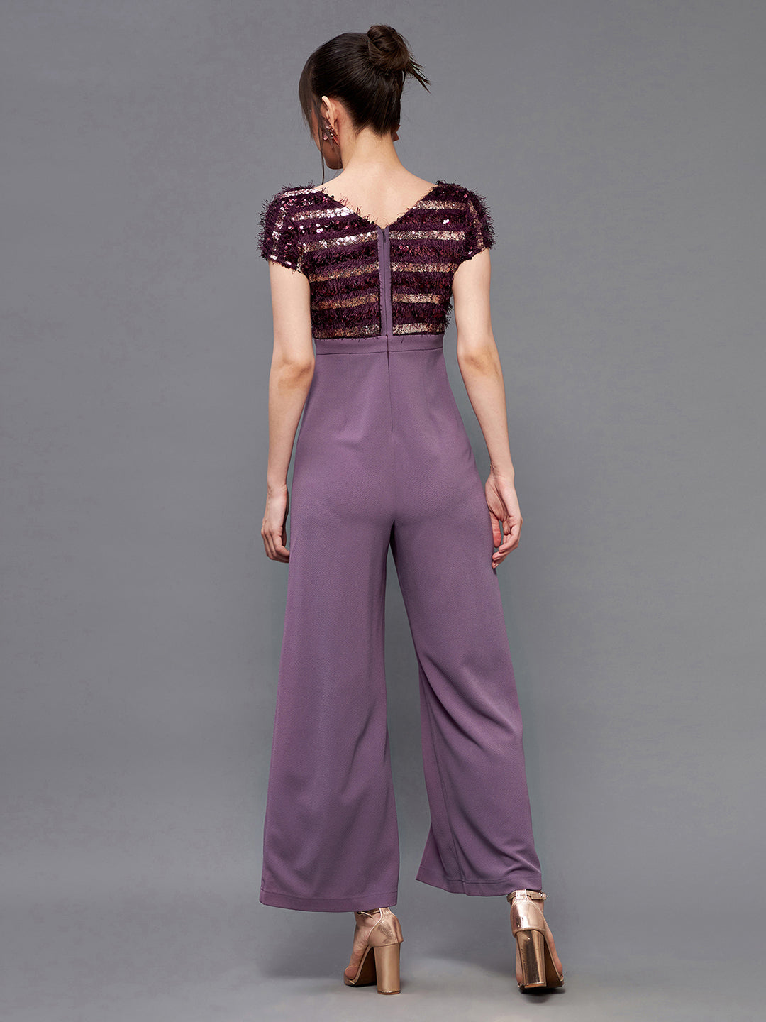 Purple Round Neck Short Sleeve Embellished Front Slit Fringed Regular Jumpsuit for Women