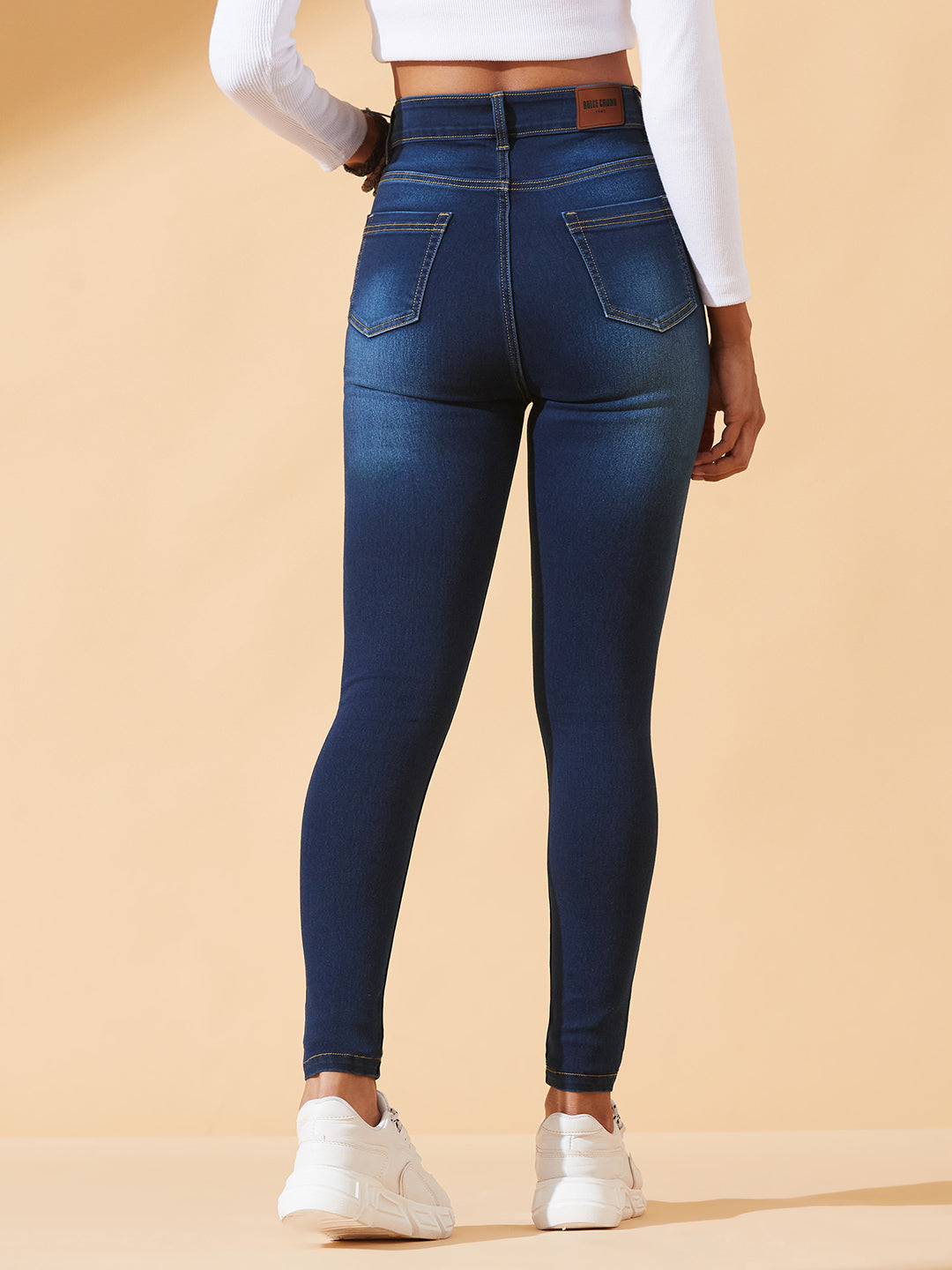 High-Rise Navy-Blue Skinny-Fit Jeans with Mild Distress, Whiskering & Cat Scratch Detailing for Women