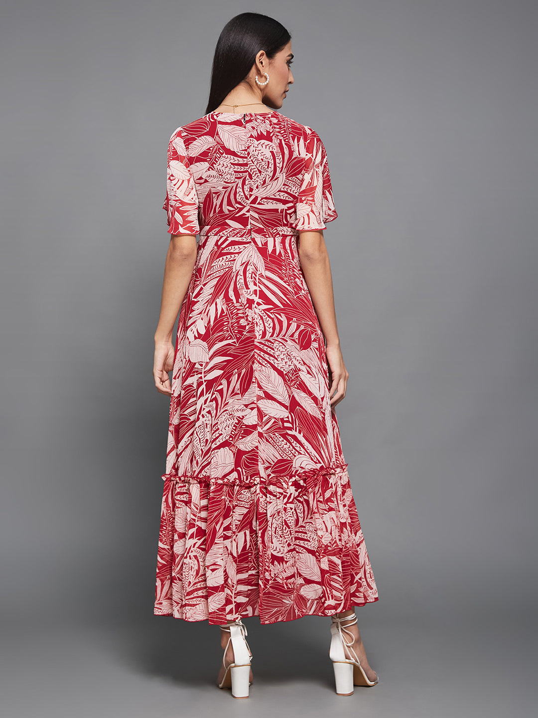 Women's Multicolored Base Maroon V-Neck Flared-Sleeve Floral Wrap Maxi Dress