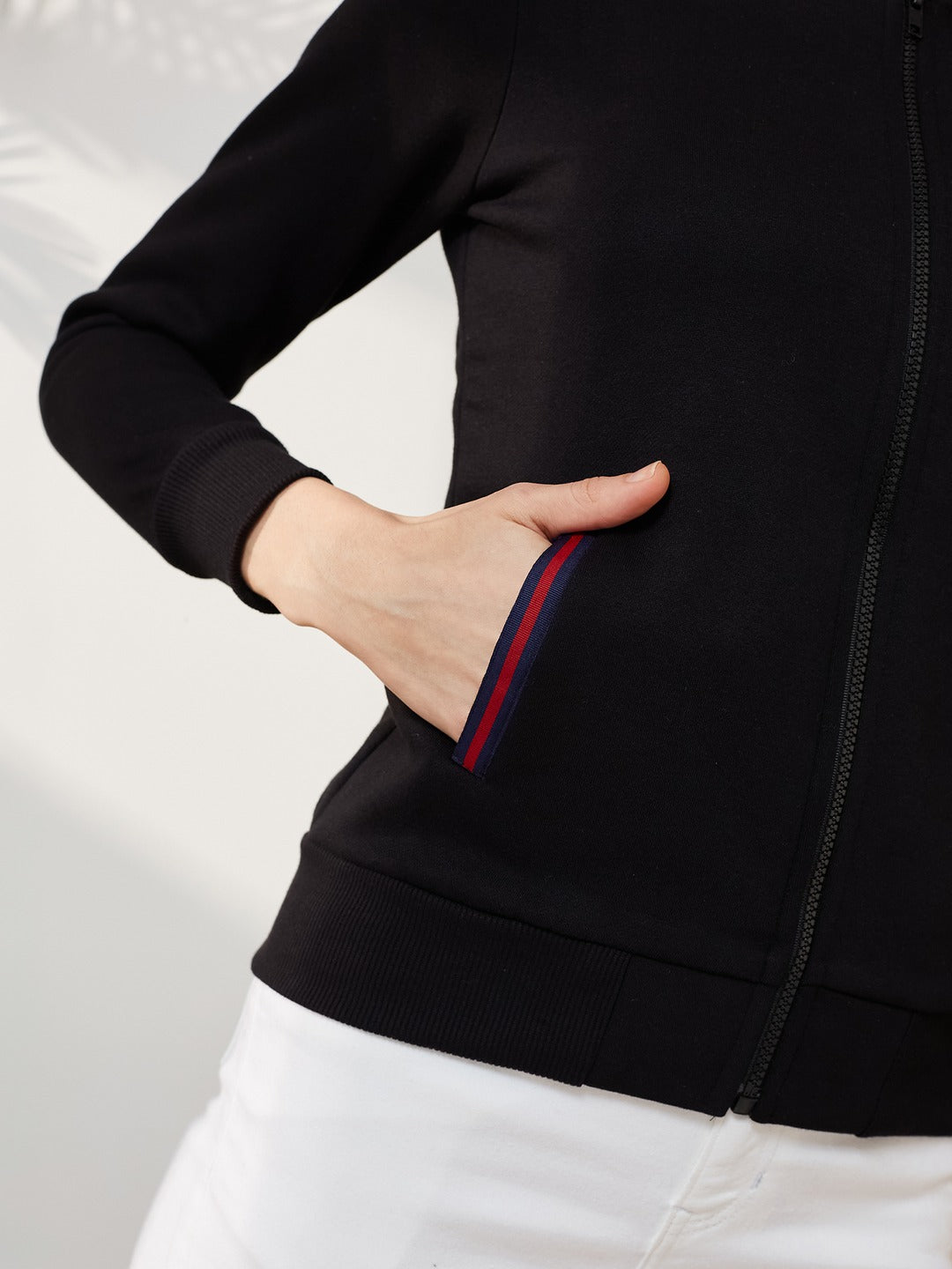 Black Round Neck Full Sleeve Cotton Solid Multicolored Twill Tape Detailing Bomber Jacket for Women