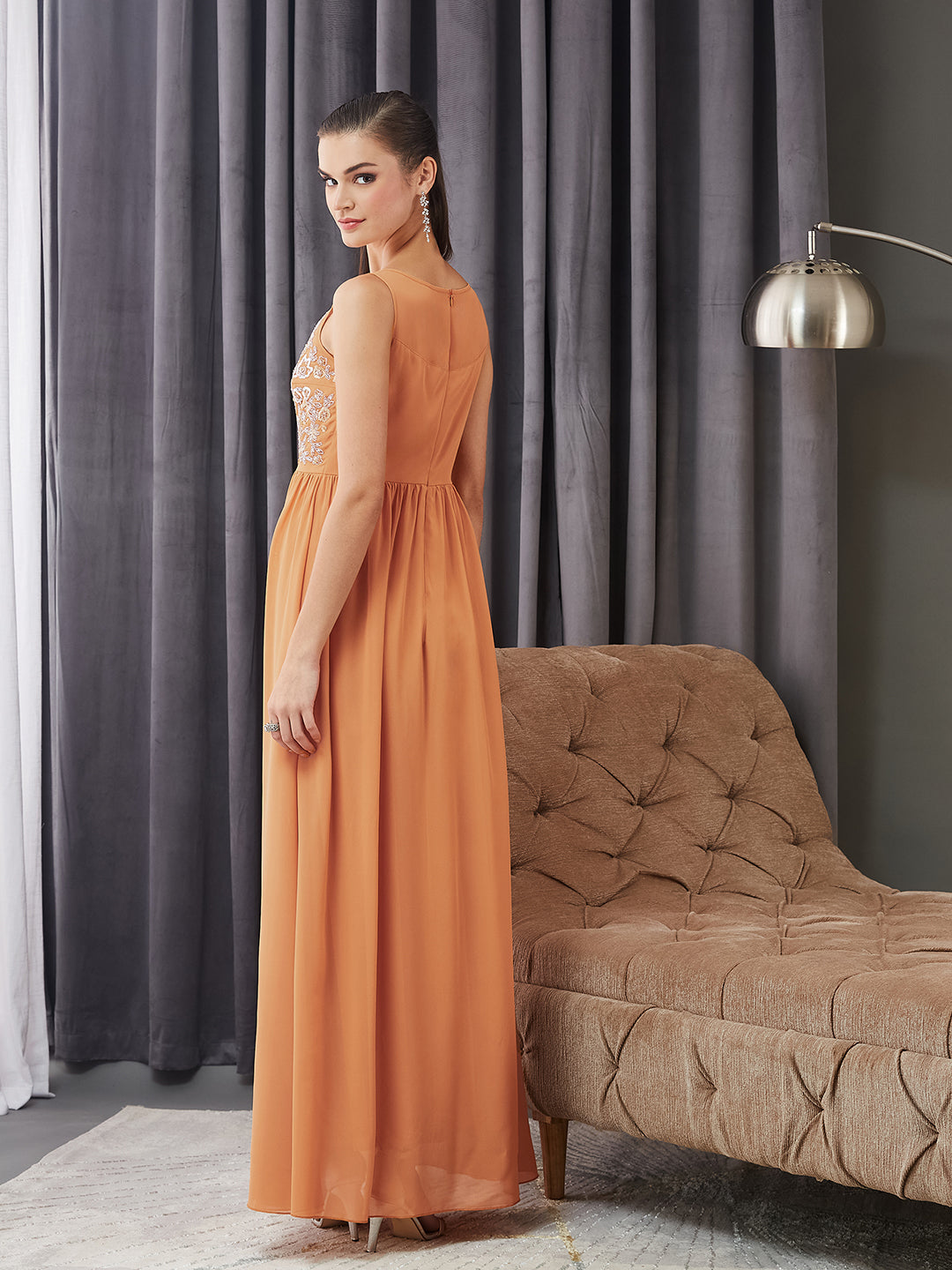 Women's Dusty Orange Boat Neck Sleeveless Embroidered Georgette Gathered Maxi Dress