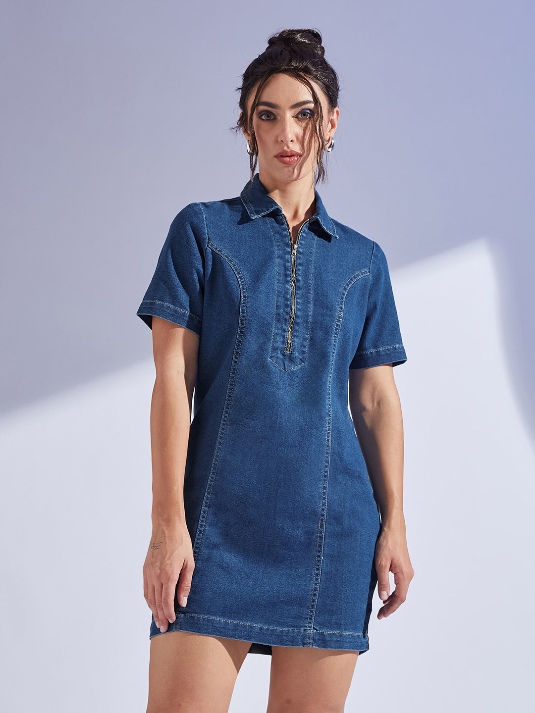 Women's Dark Blue Collared Half Sleeve Princess Seam Sheath Mini Dress